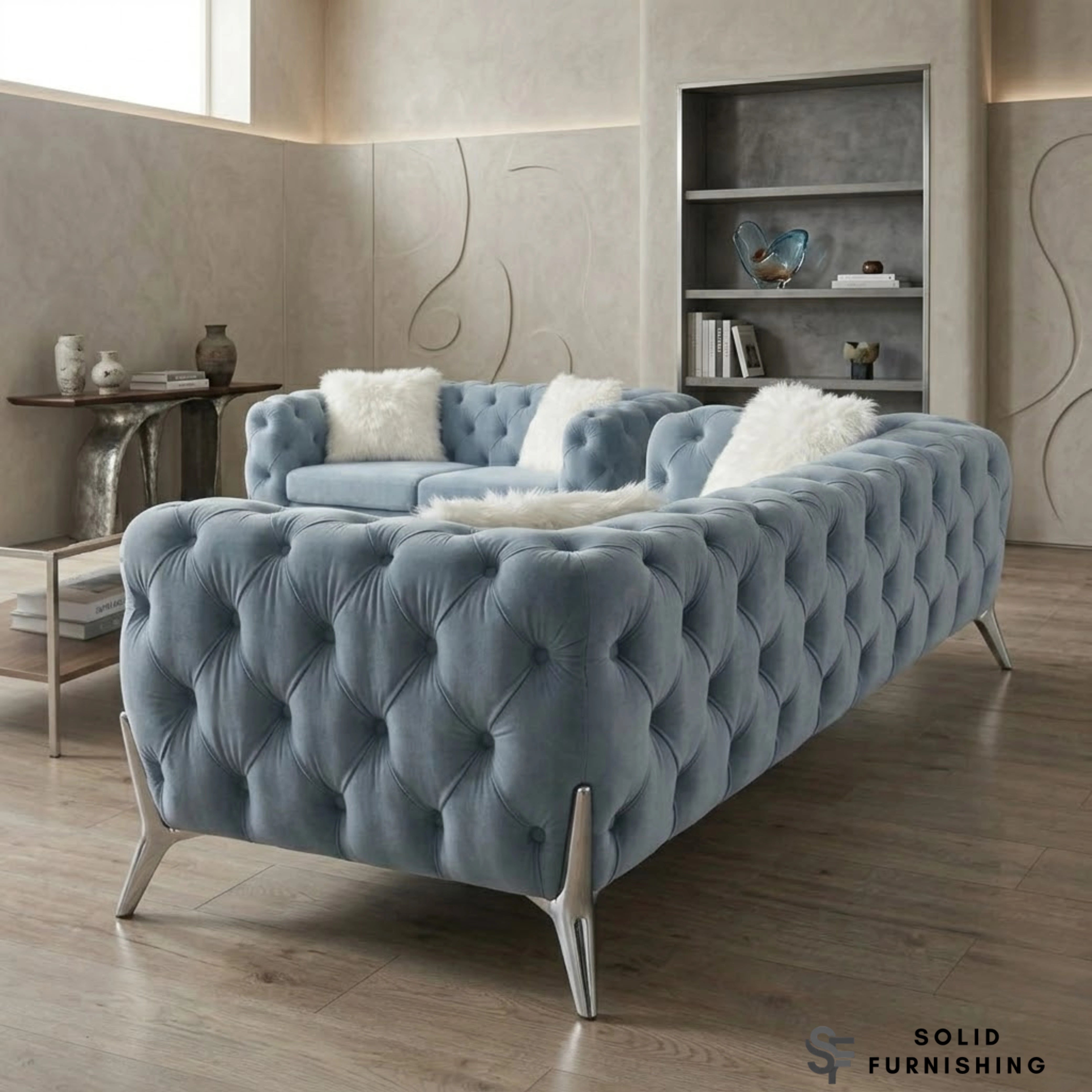 Paris Grey Shimmer Sofa Set – 3+2 Seater & Armchair | Chesterfield Velvet with Chrome Legs UK