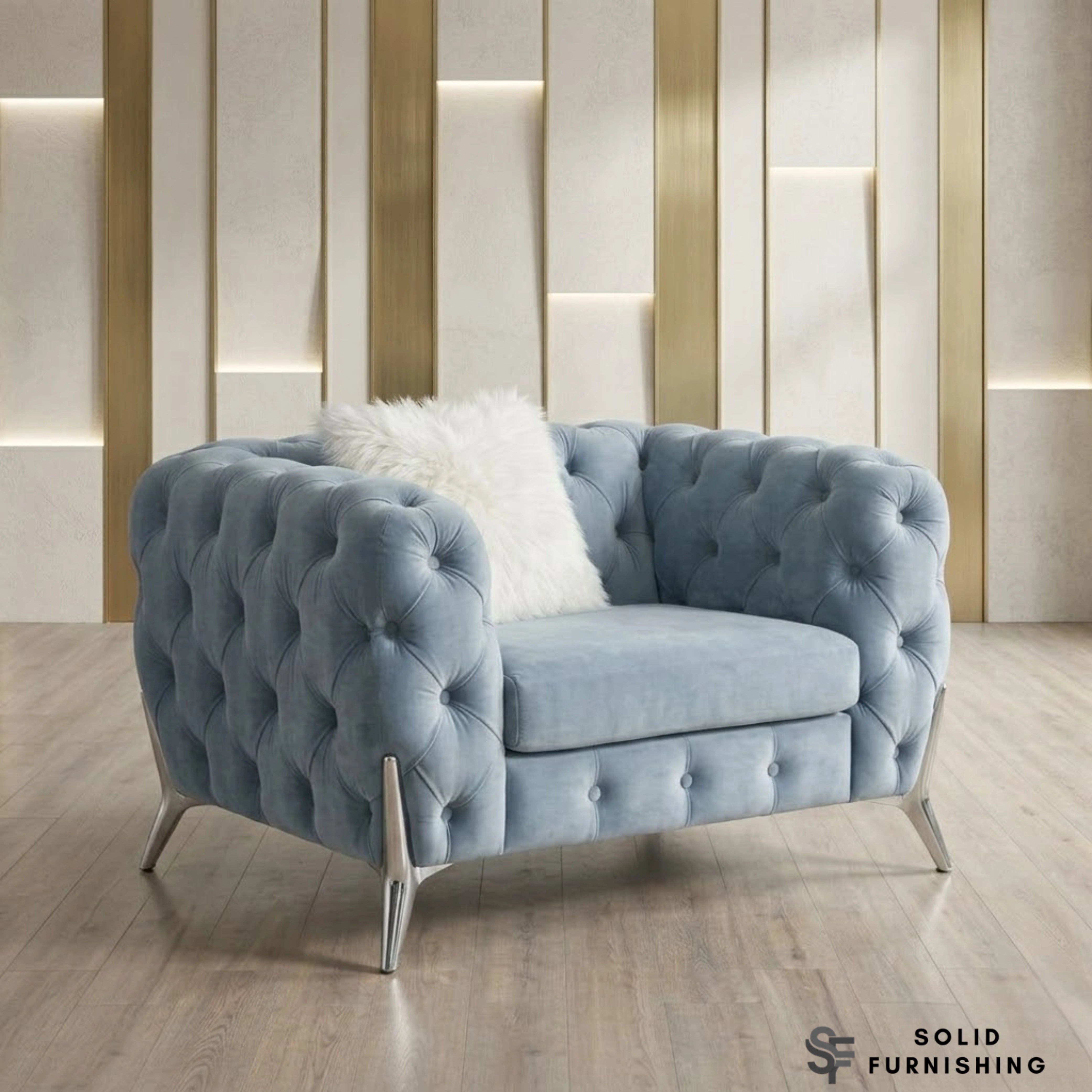 Paris Grey Shimmer Sofa Set – 3+2 Seater & Armchair | Chesterfield Velvet with Chrome Legs UK