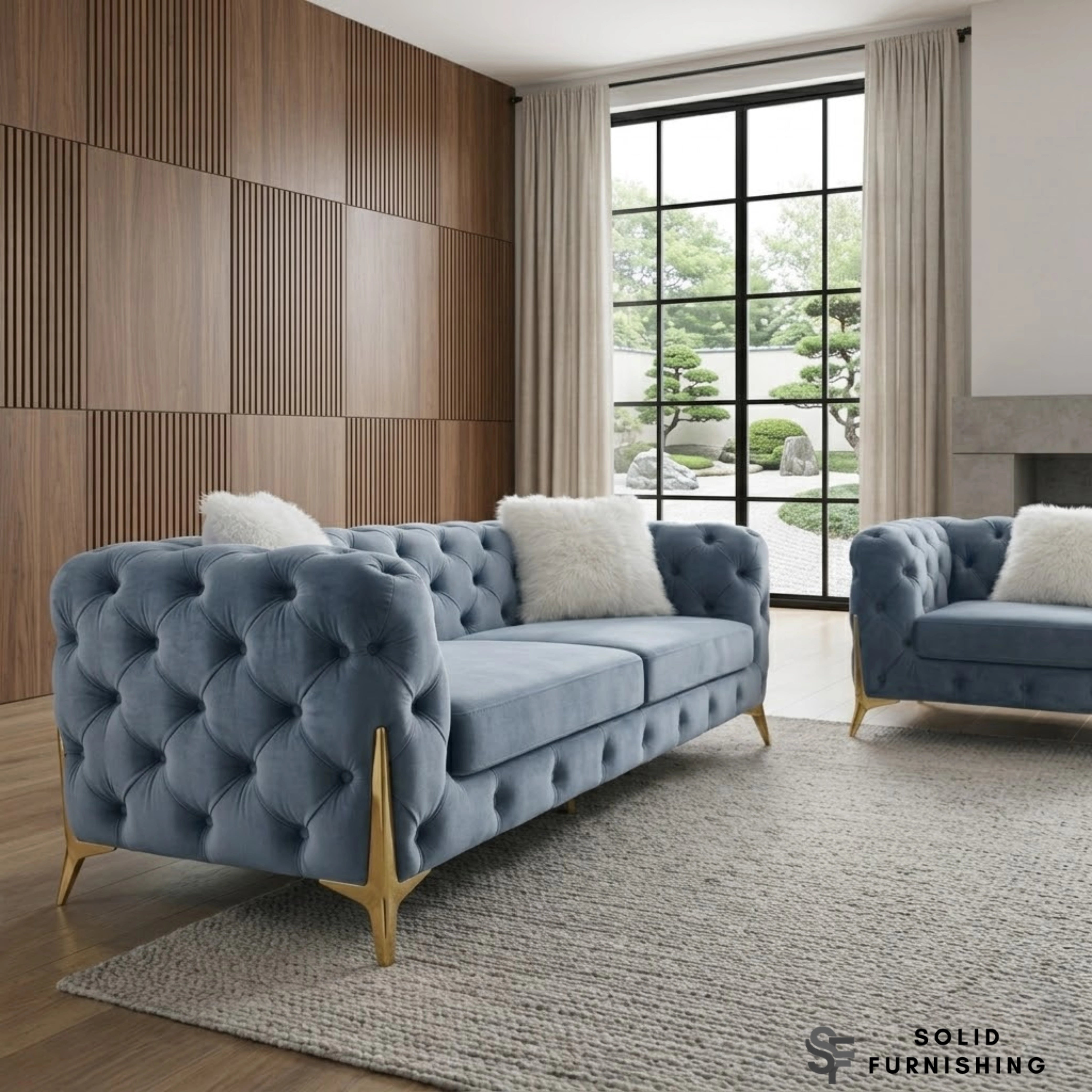 Paris Grey Shimmer Sofa Set – 3+2 Seater & Armchair | Chesterfield Velvet with Gold Legs