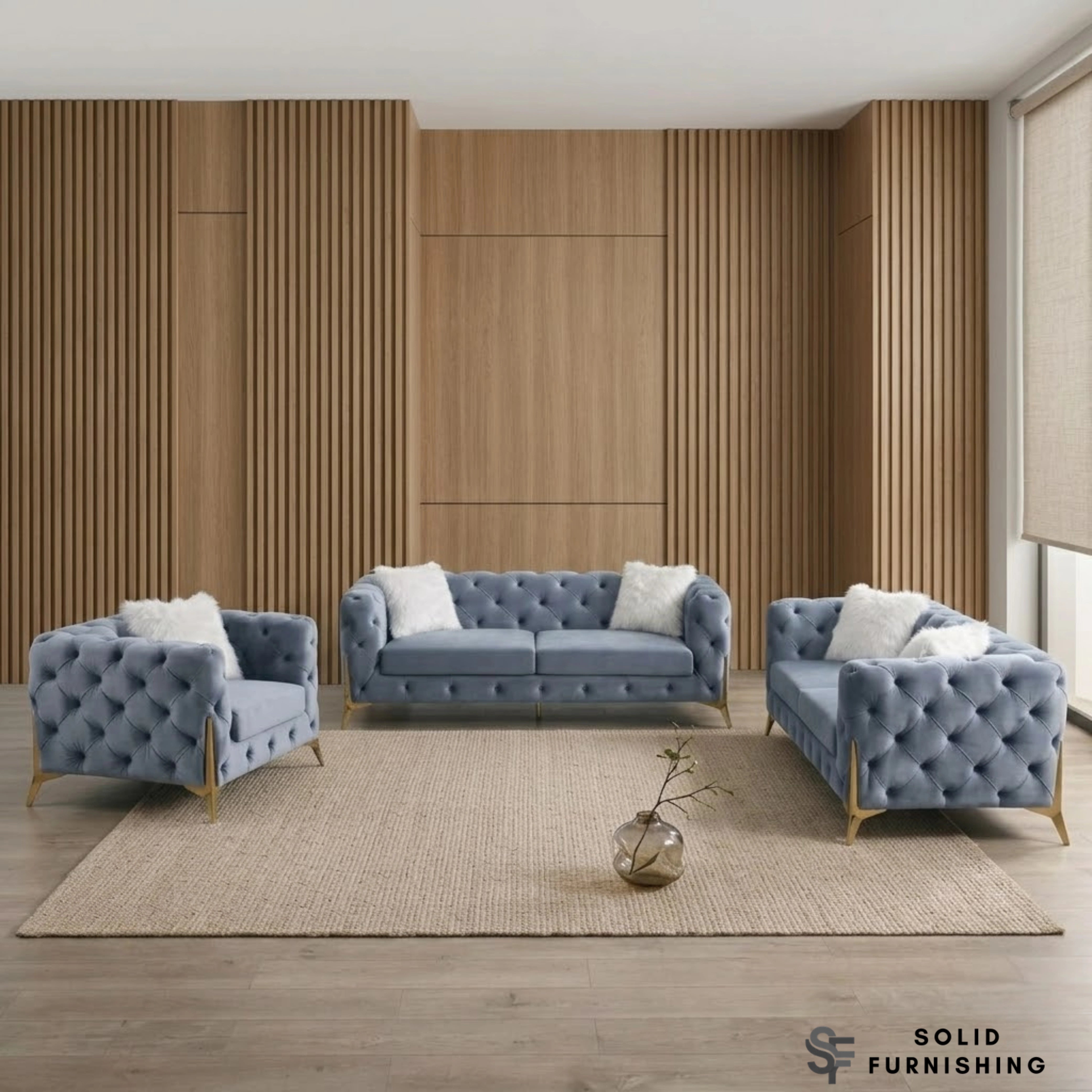 Paris Grey Shimmer Sofa Set – 3+2 Seater & Armchair | Chesterfield Velvet with Gold Legs