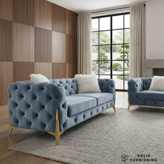 Paris Grey Shimmer Sofa Set – 3+2 Seater & Armchair | Chesterfield Velvet with Gold Legs