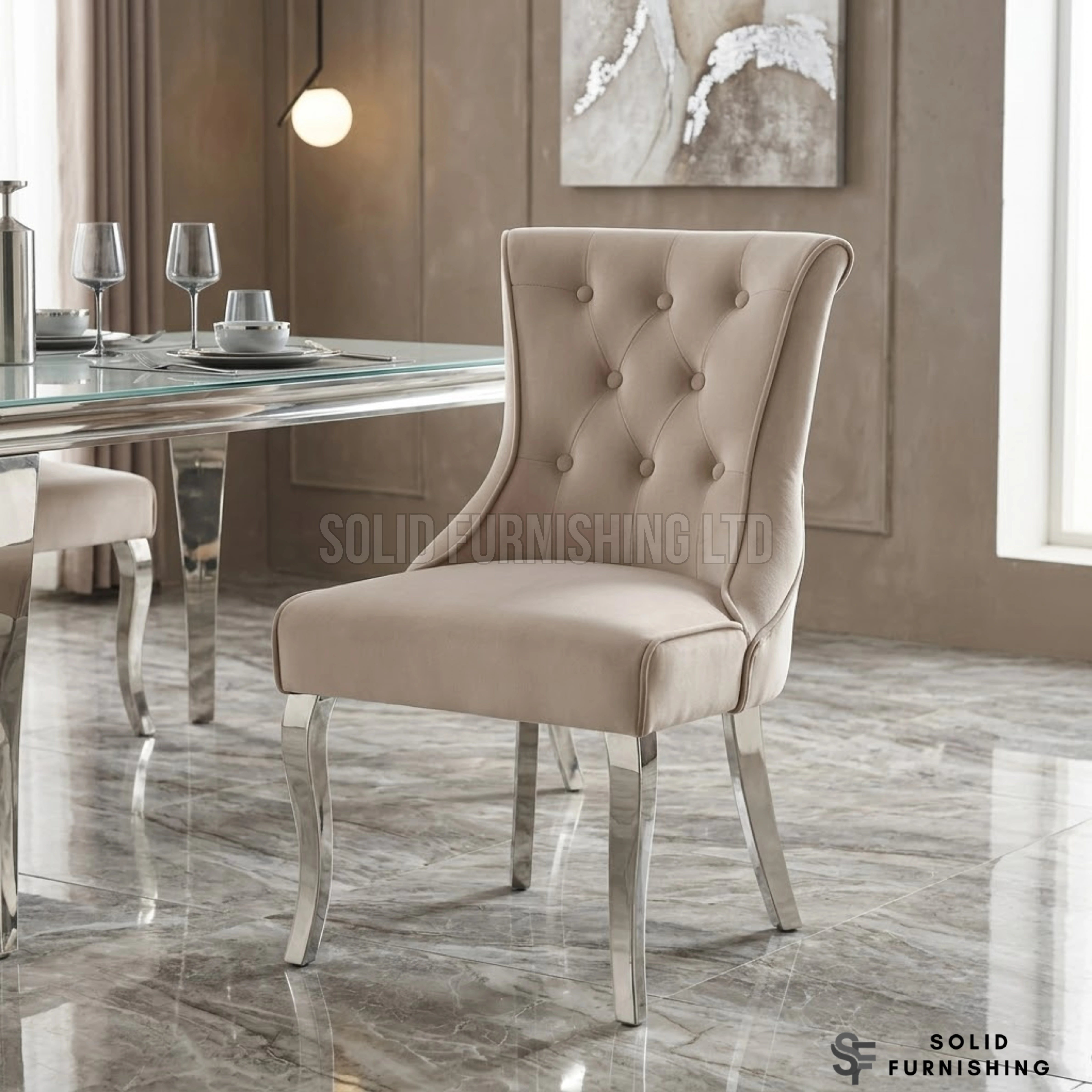 Portland Velvet Dining Chairs – Grey or Mink with Chrome Legs (Set of 2)