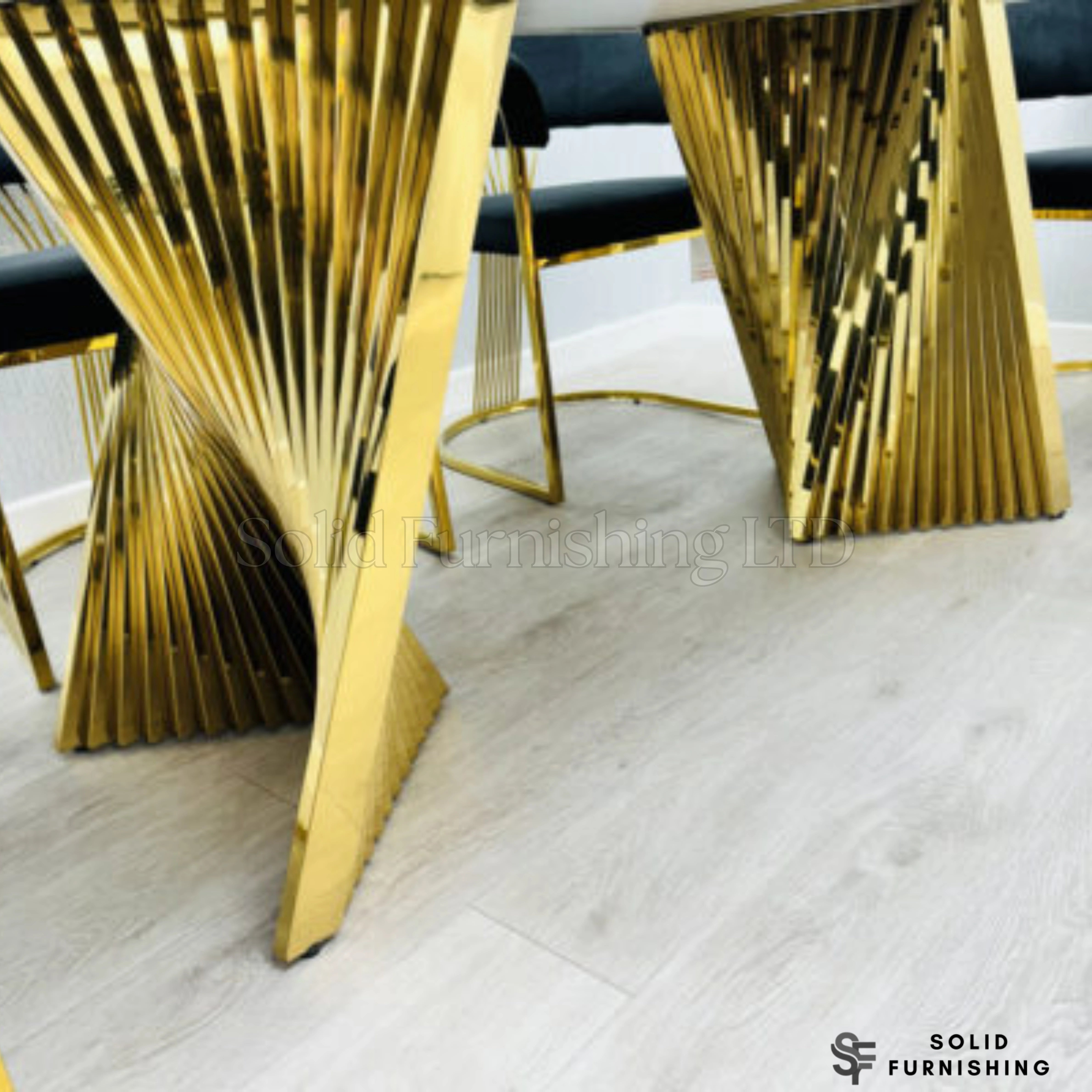 Ravello Black & Gold Marble Dining Table – Luxury Rectangular Table with Sculptural Gold Base