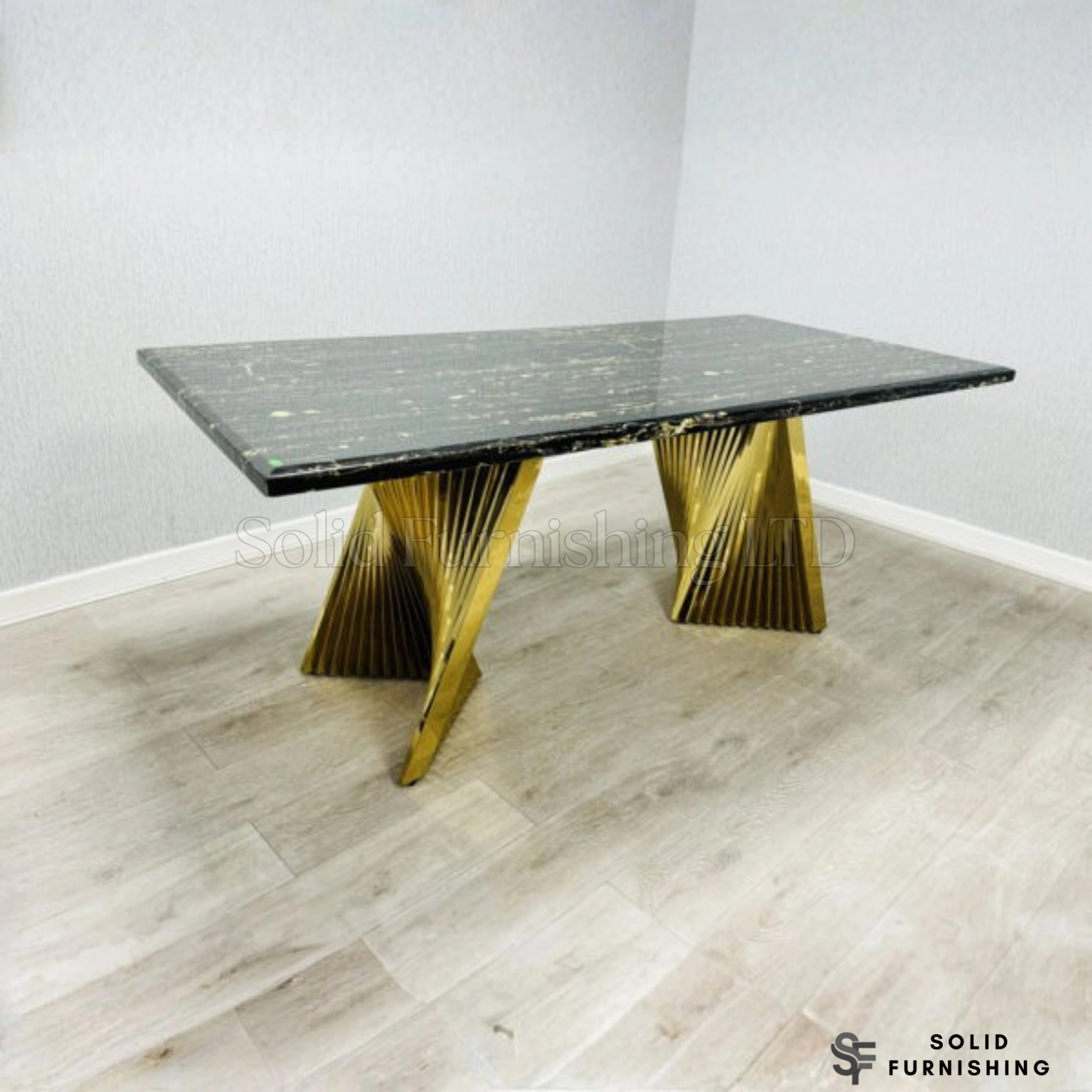 Ravello Black & Gold Marble Dining Table – Luxury Rectangular Table with Sculptural Gold Base