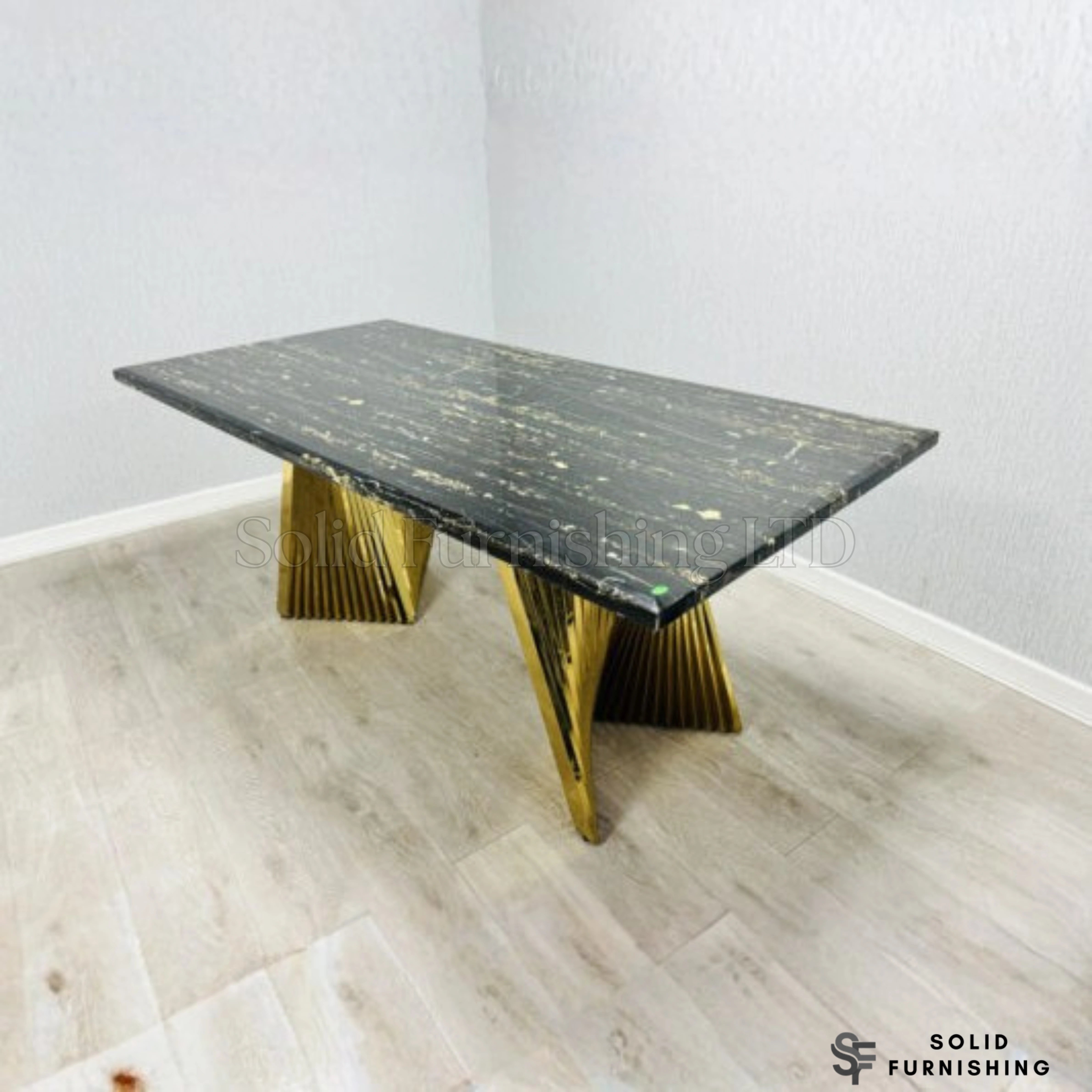 Ravello Black & Gold Marble Dining Table – Luxury Rectangular Table with Sculptural Gold Base