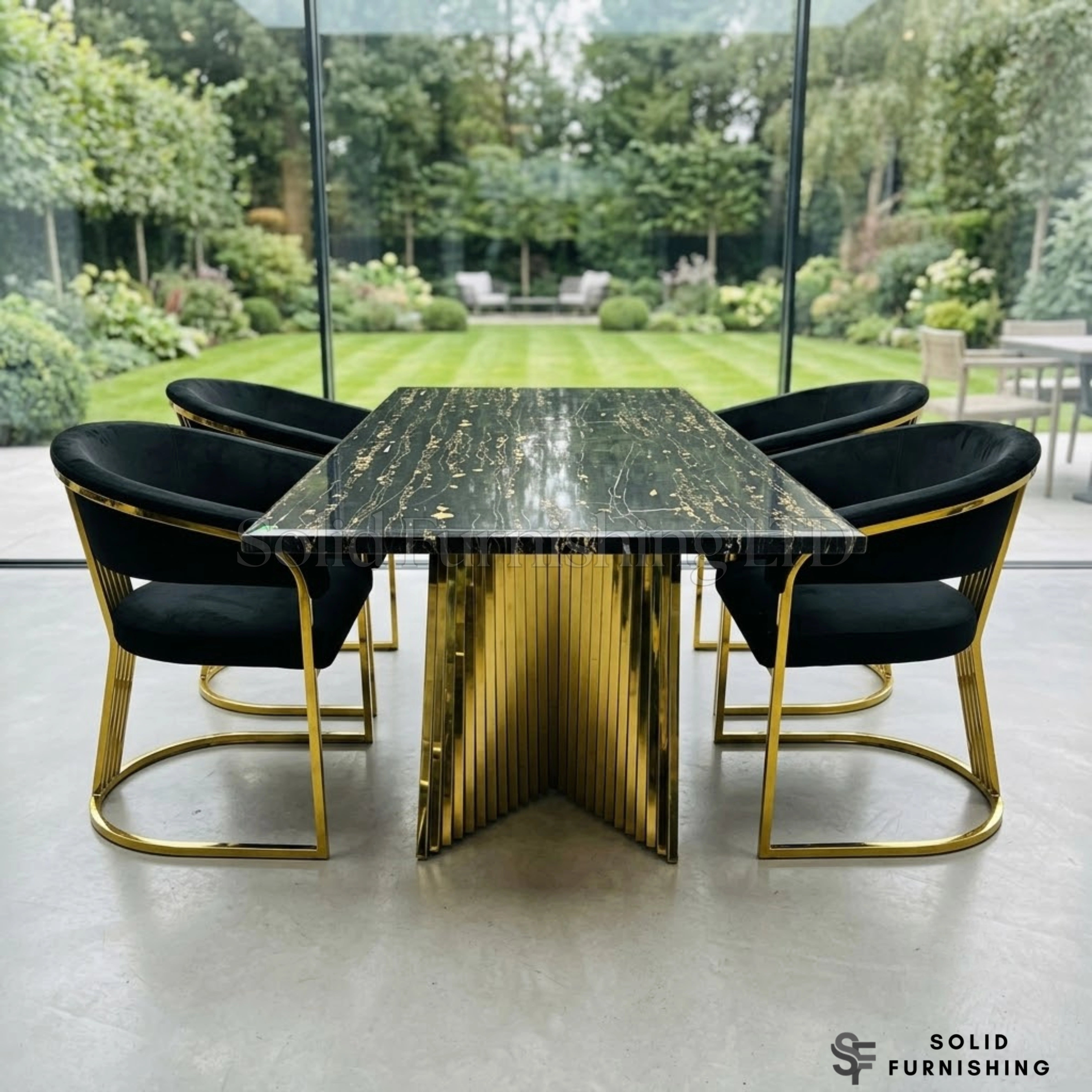 Ravello Black & Gold Marble Dining Table – Luxury Rectangular Table with Sculptural Gold Base