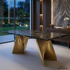 Ravello Black & Gold Marble Dining Table – Luxury Rectangular Table with Sculptural Gold Base
