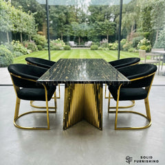 Ravello Black & Gold Marble Dining Table – Luxury Rectangular Table with Sculptural Gold Base