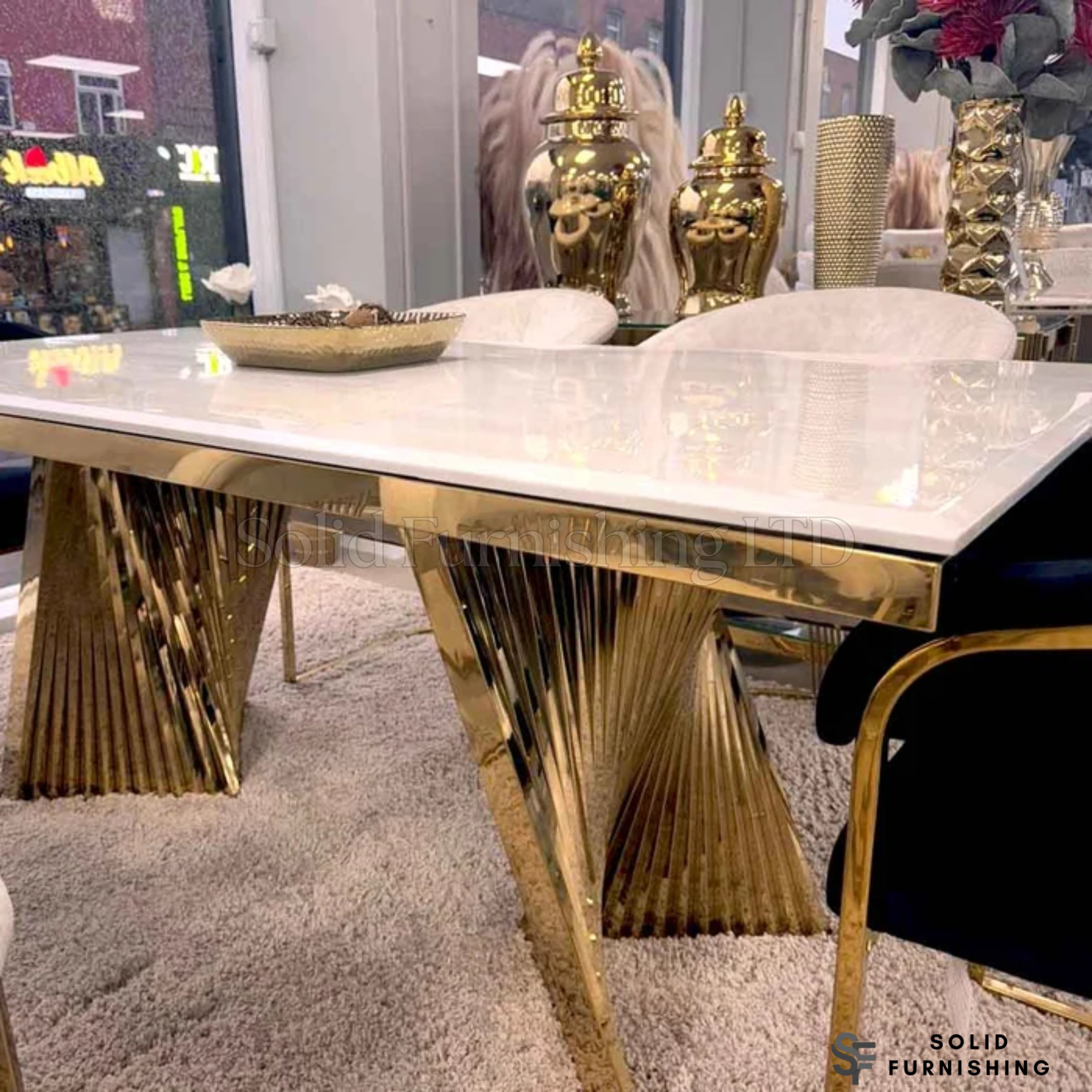 Ravello Cream & Gold Marble Dining Table – 160cm or 180cm Luxury Gold Base Table