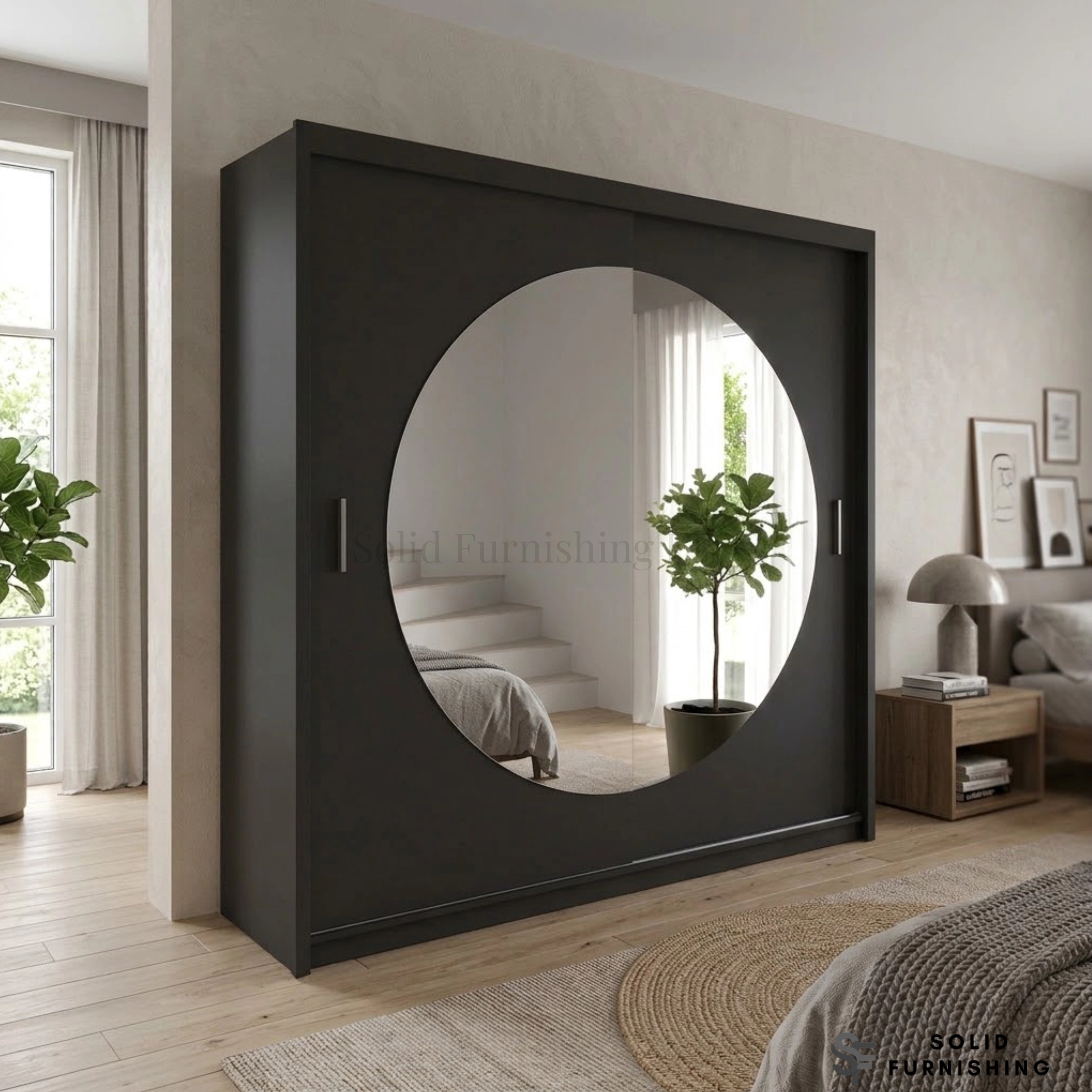 Rio Black Sliding Wardrobe with Round Mirror – Compact Bedroom Storage Wardrobe