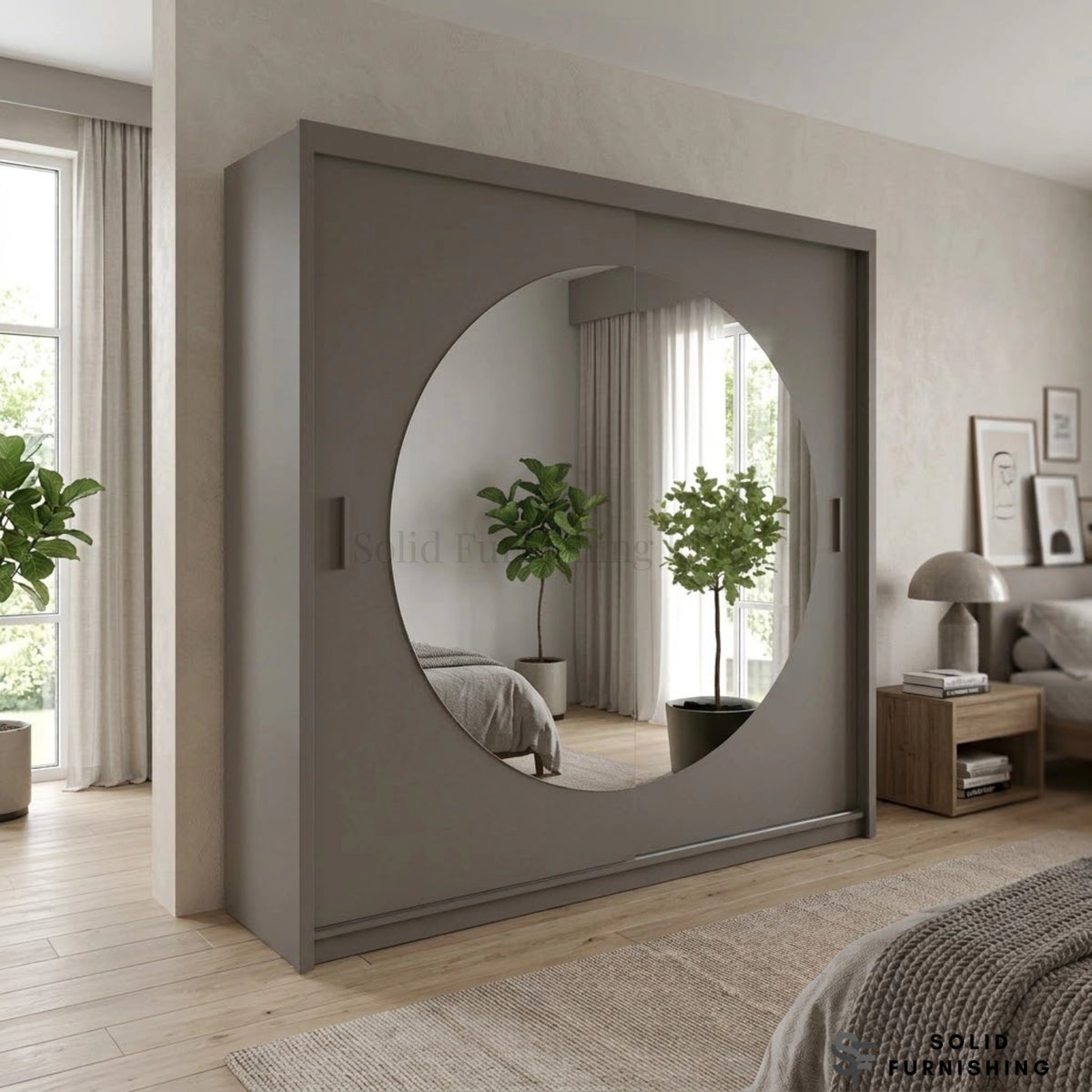 Rio Grey Sliding Wardrobe with Circular Mirror – Modern Space Saving Bedroom Storage