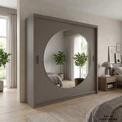 Rio Grey Sliding Wardrobe with Circular Mirror – Modern Space Saving Bedroom Storage