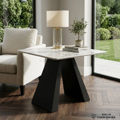Roma Cream & Grey Ceramic Side Table – Black Base Lamp Table