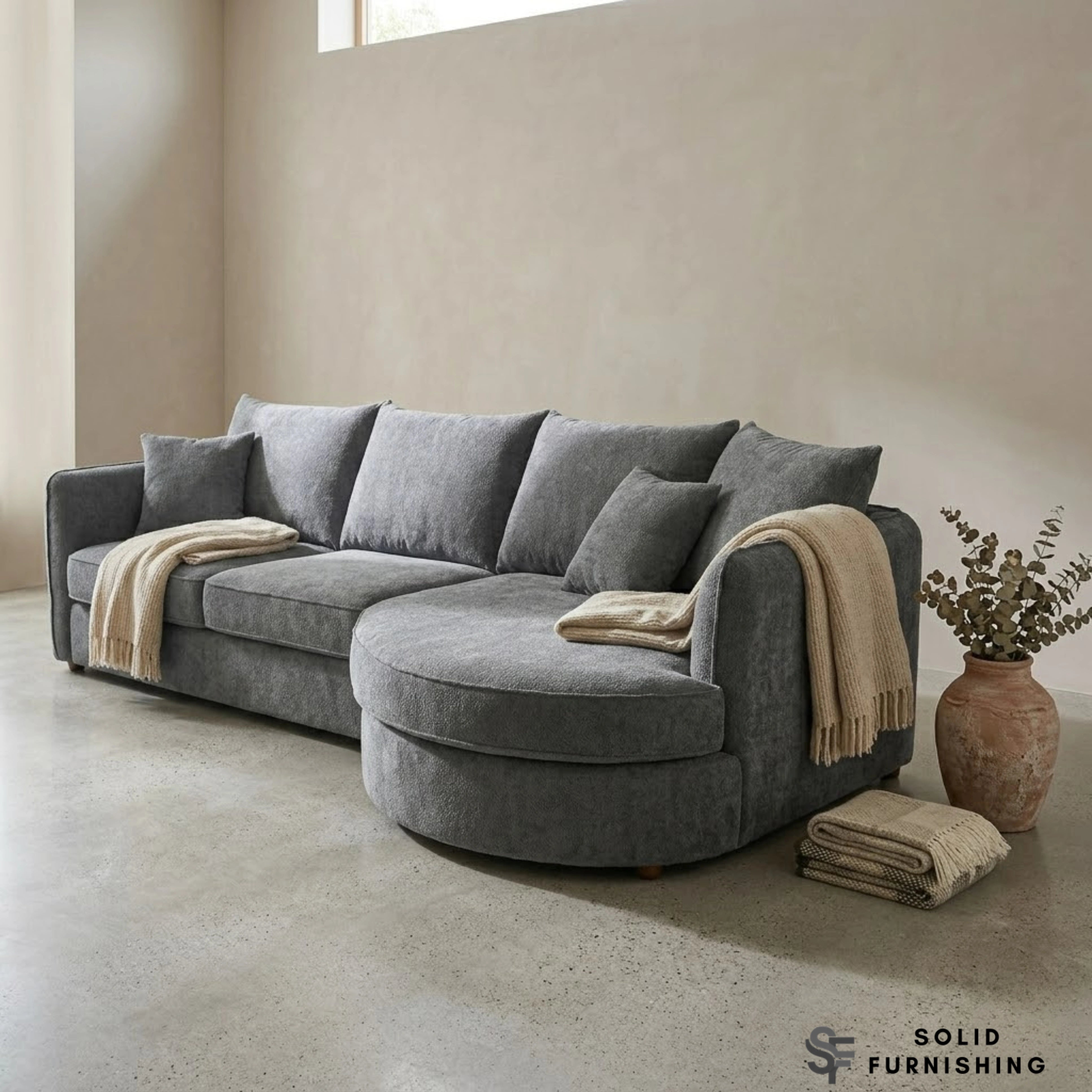 Rubin Right Hand Facing (RHF) Bouclé Corner Sofa – Pebble Grey / Charcoal Grey