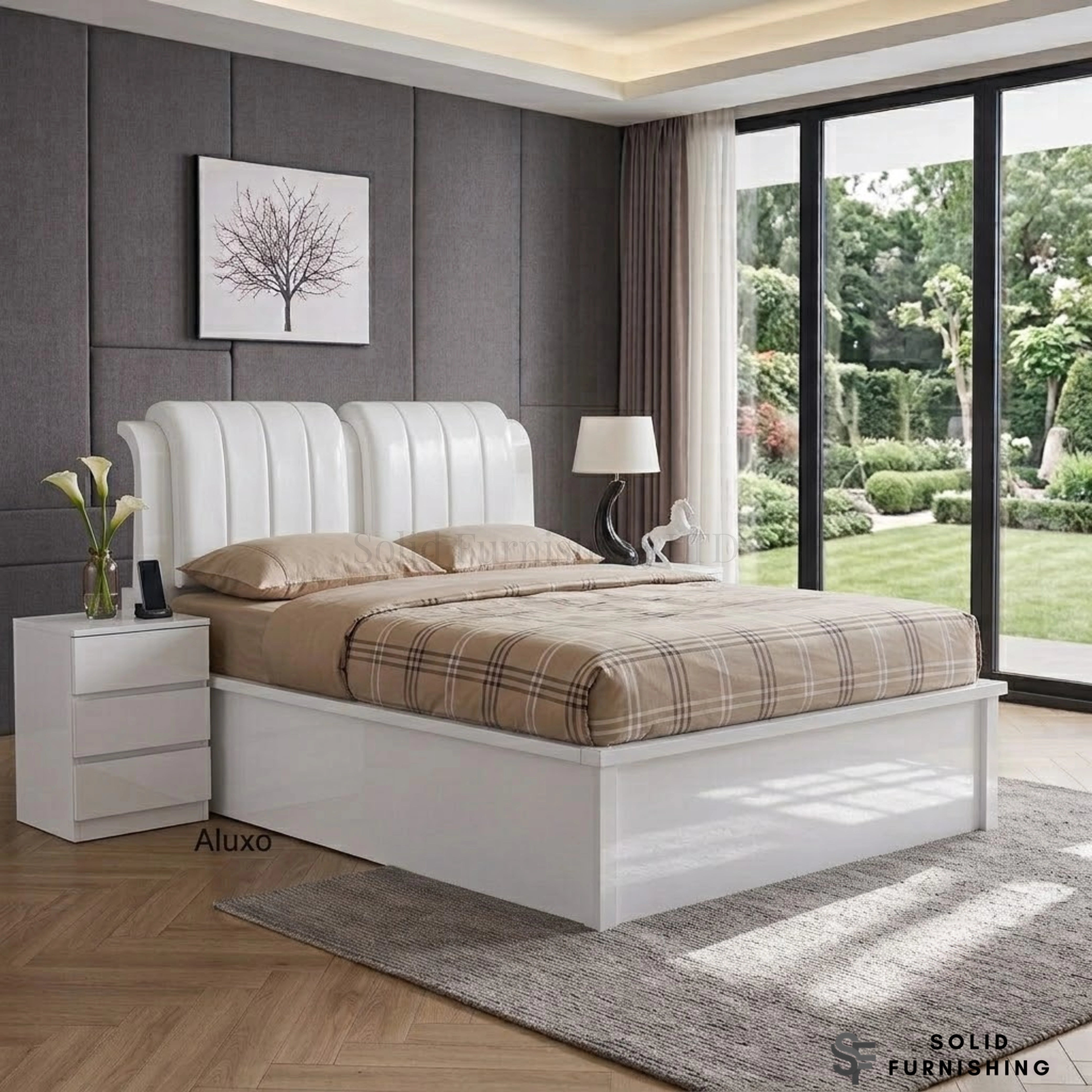 Rugby High Gloss Ottoman Storage Bed with Leather Headboard – Double & King Size
