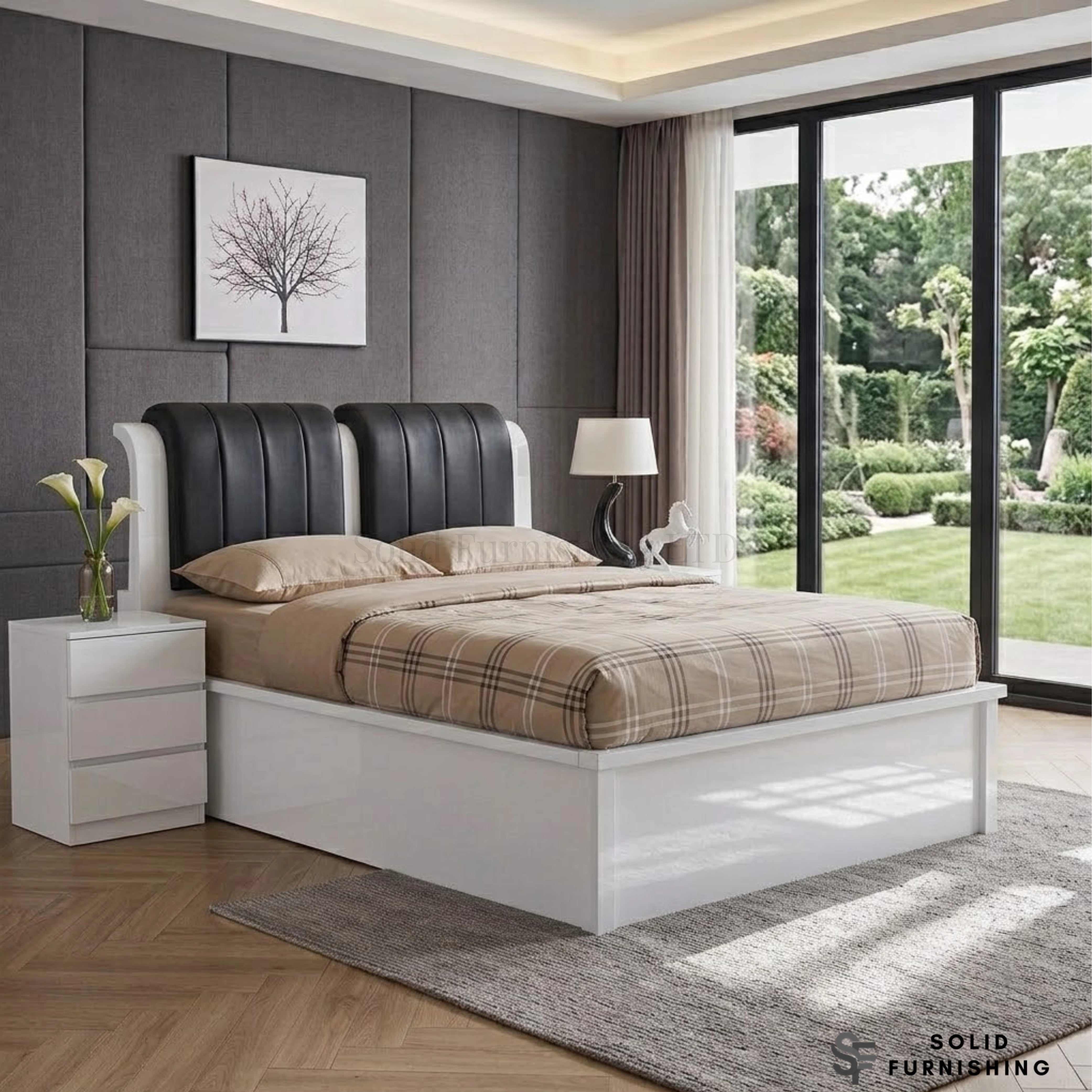 Rugby High Gloss Ottoman Storage Bed with Leather Headboard – Double & King Size