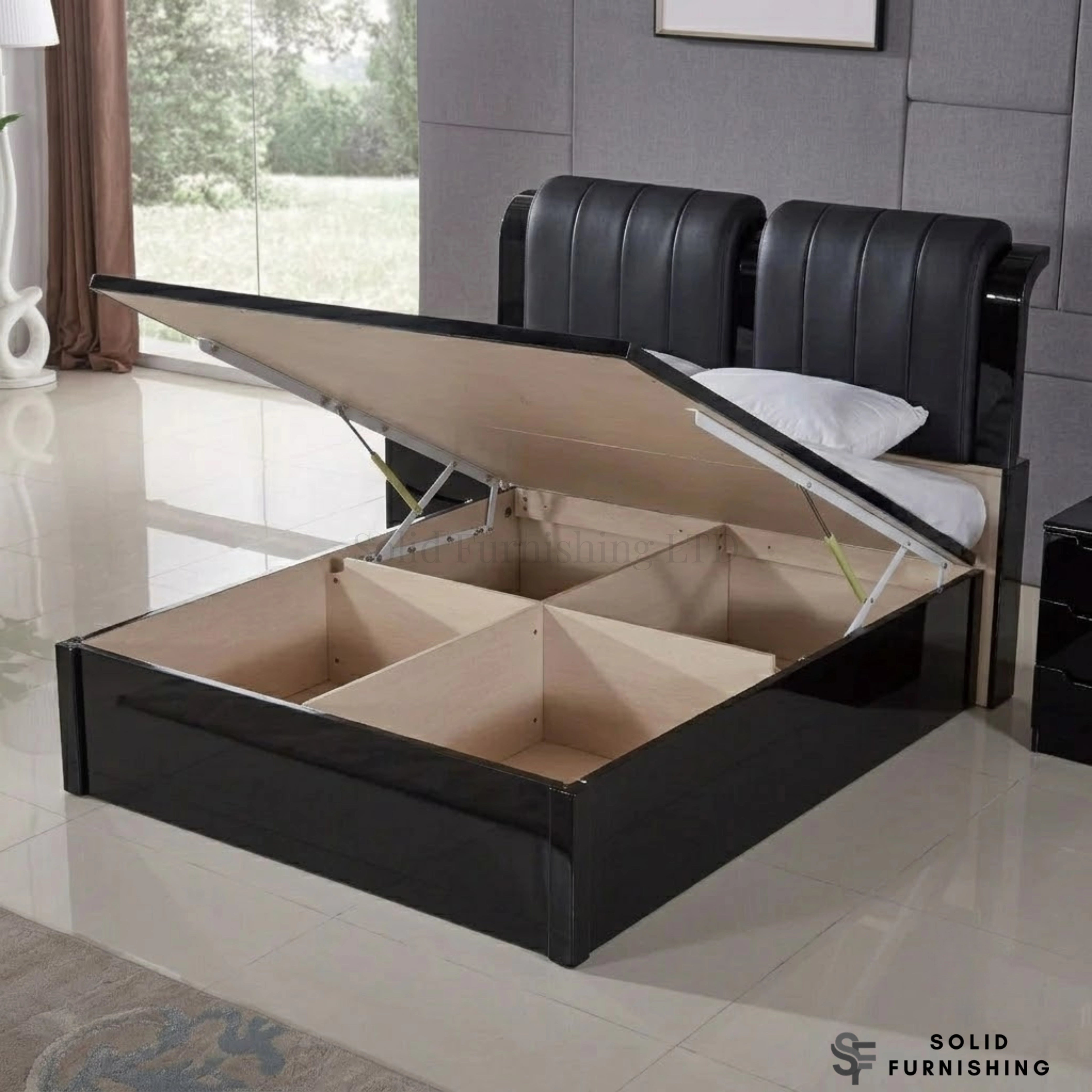 Rugby High Gloss Ottoman Storage Bed with Leather Headboard – Double & King Size
