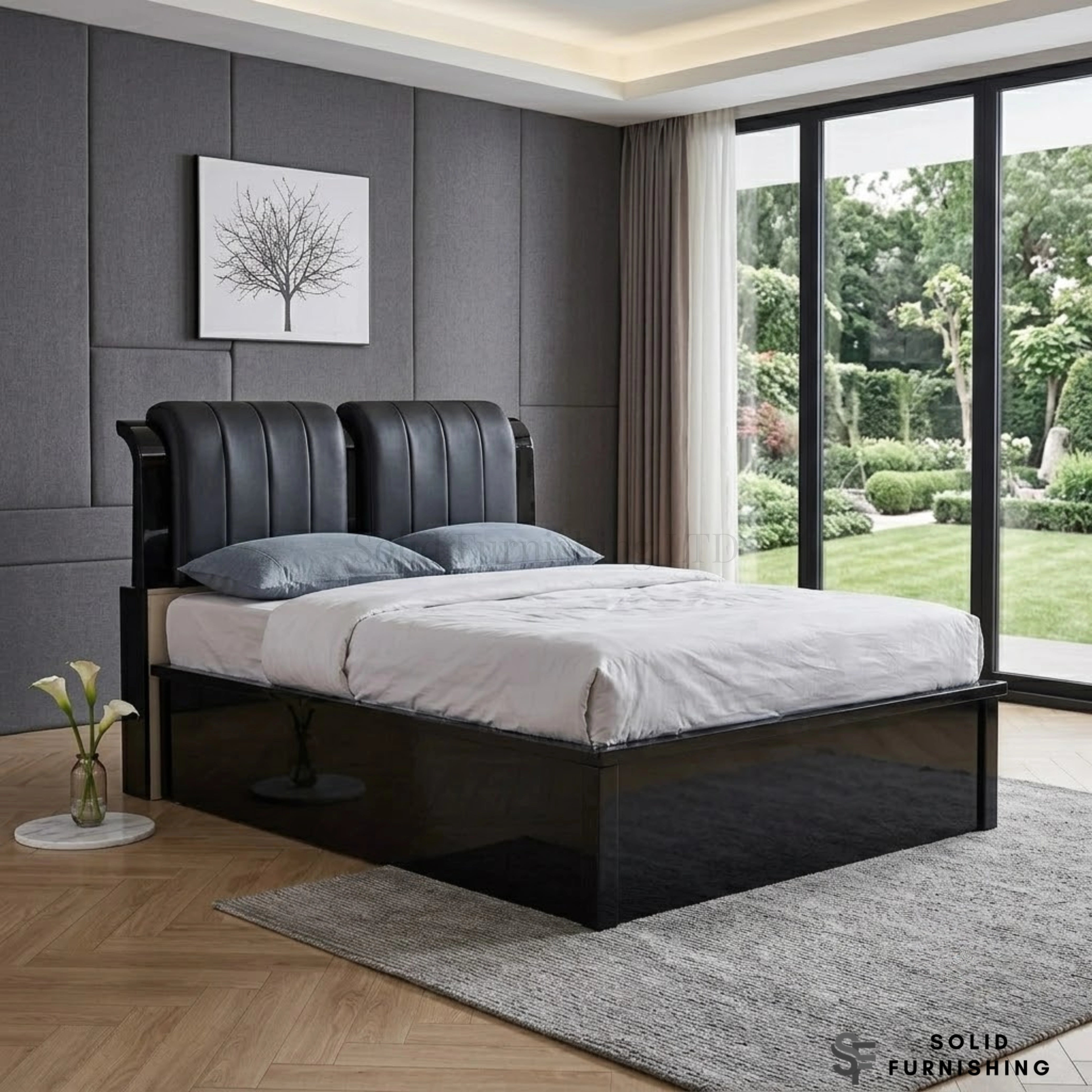 Rugby High Gloss Ottoman Storage Bed with Leather Headboard – Double & King Size