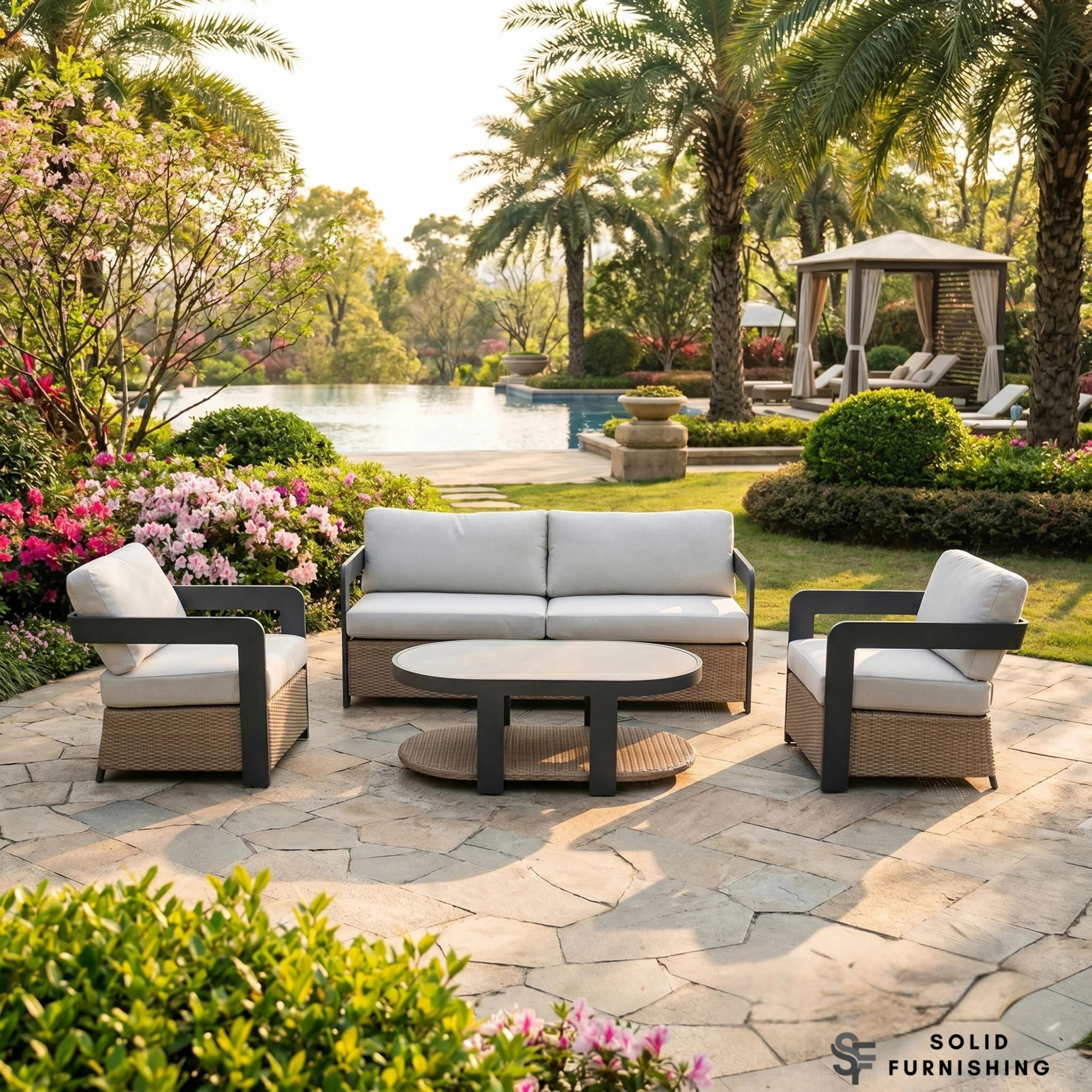 Selene 5 Seater Luxury Garden Lounge Set – Onyx Aluminium Outdoor Sofa Set with Sintered Stone Coffee Table