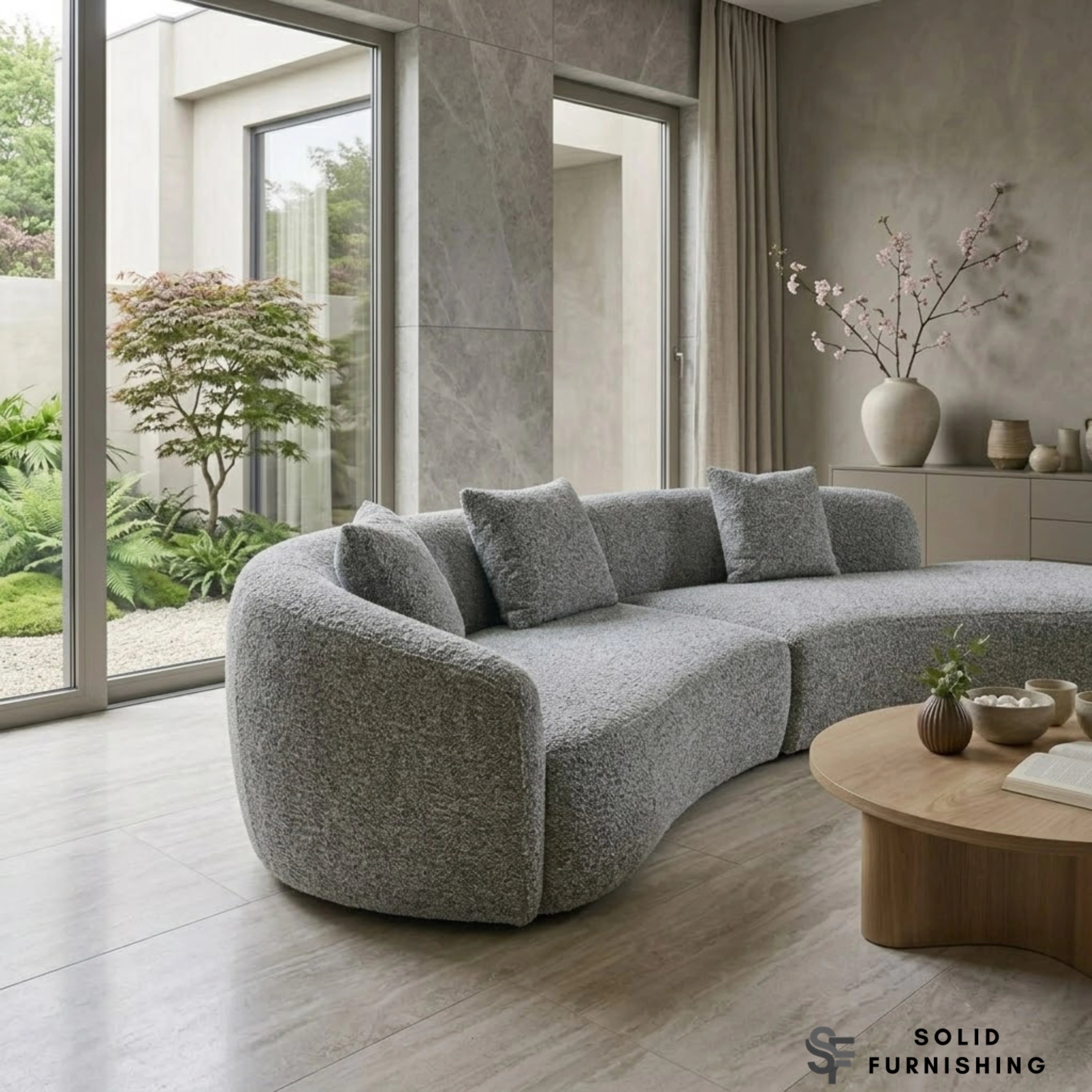 Siena Grey Bouclé 5 Seater Curved Sofa – Left Hand / Right Hand Configuration