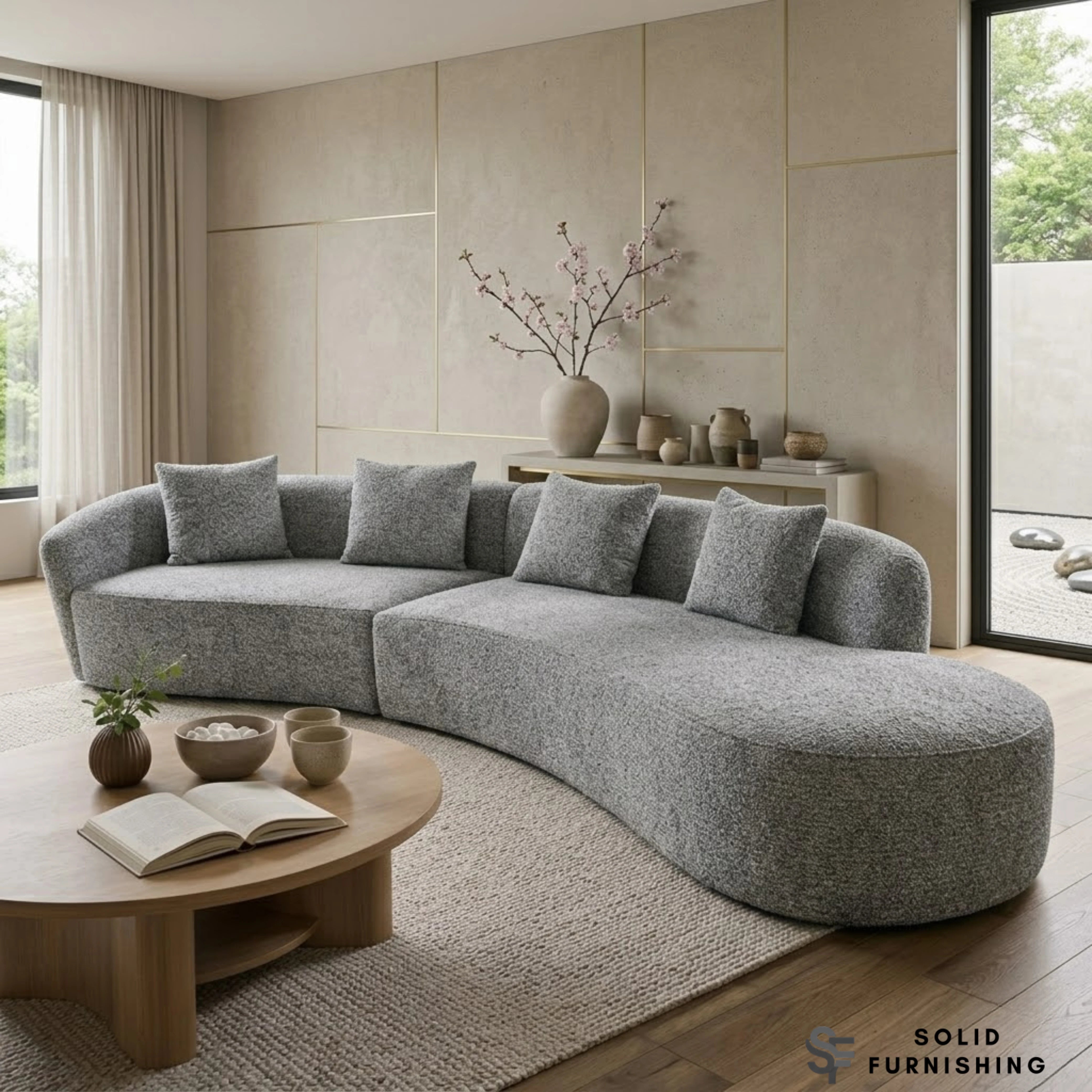 Siena Grey Bouclé 5 Seater Curved Sofa – Left Hand / Right Hand Configuration