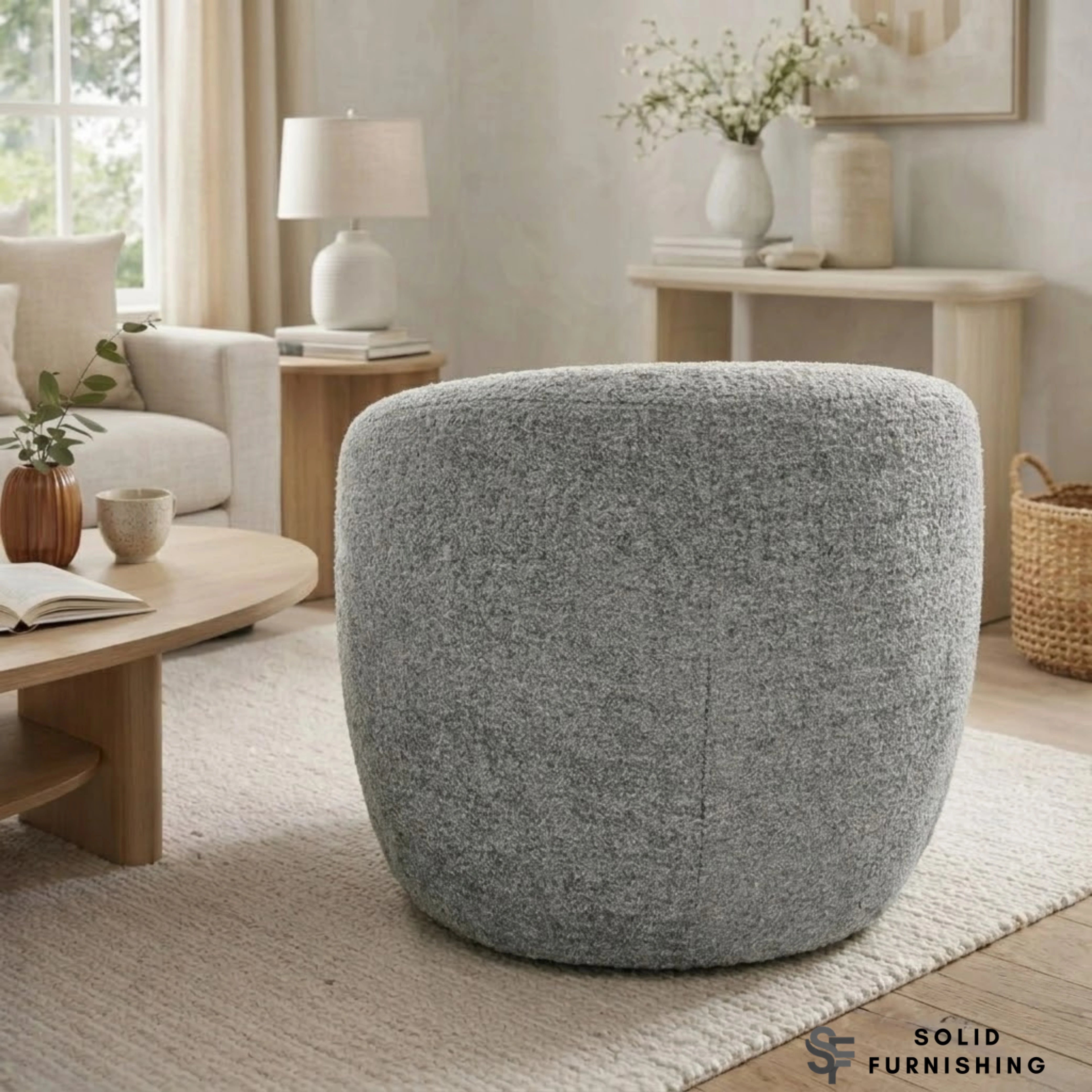 Siena Grey Bouclé Swivel Tub Chair – Modern Accent Lounge Chair