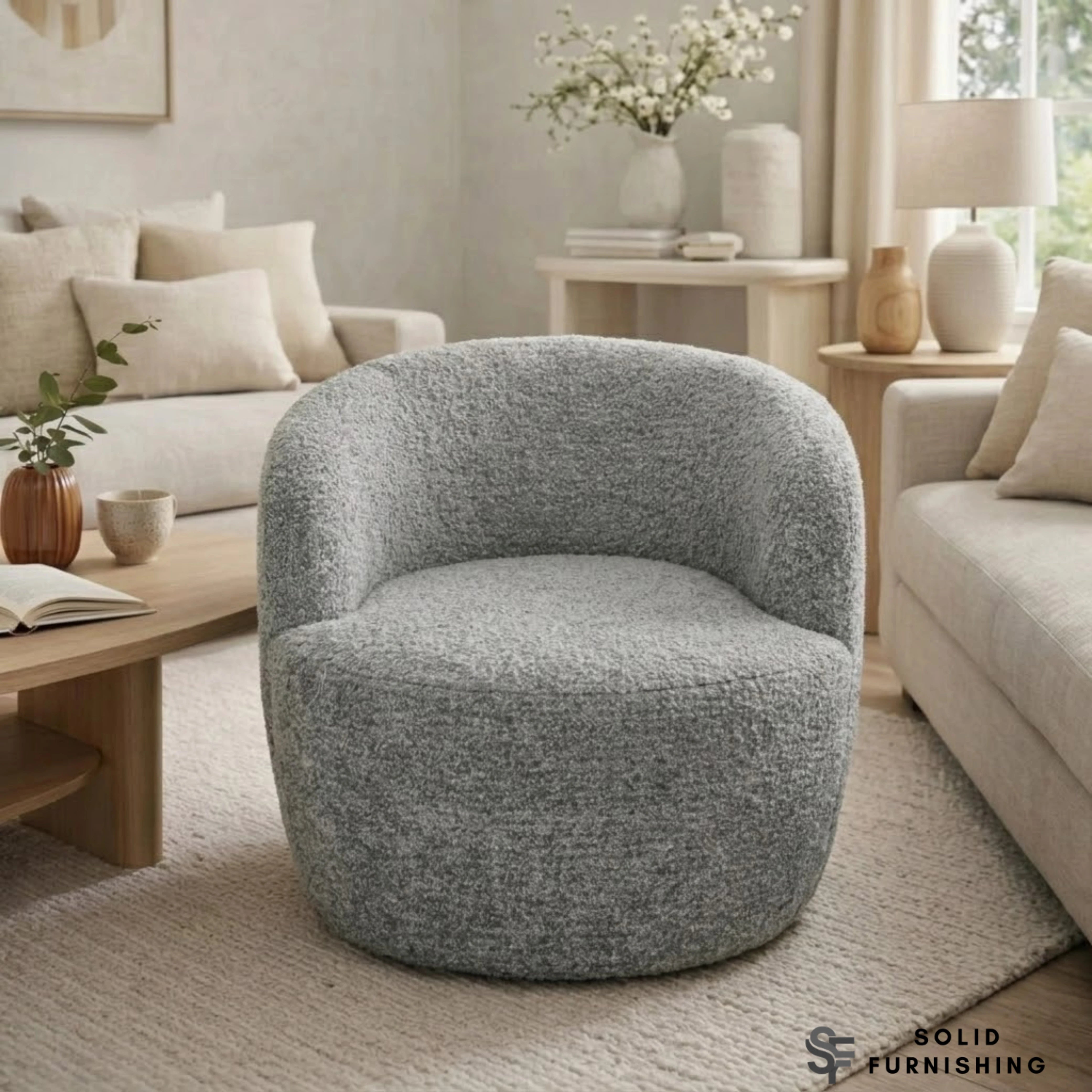 Siena Grey Bouclé Swivel Tub Chair – Modern Accent Lounge Chair