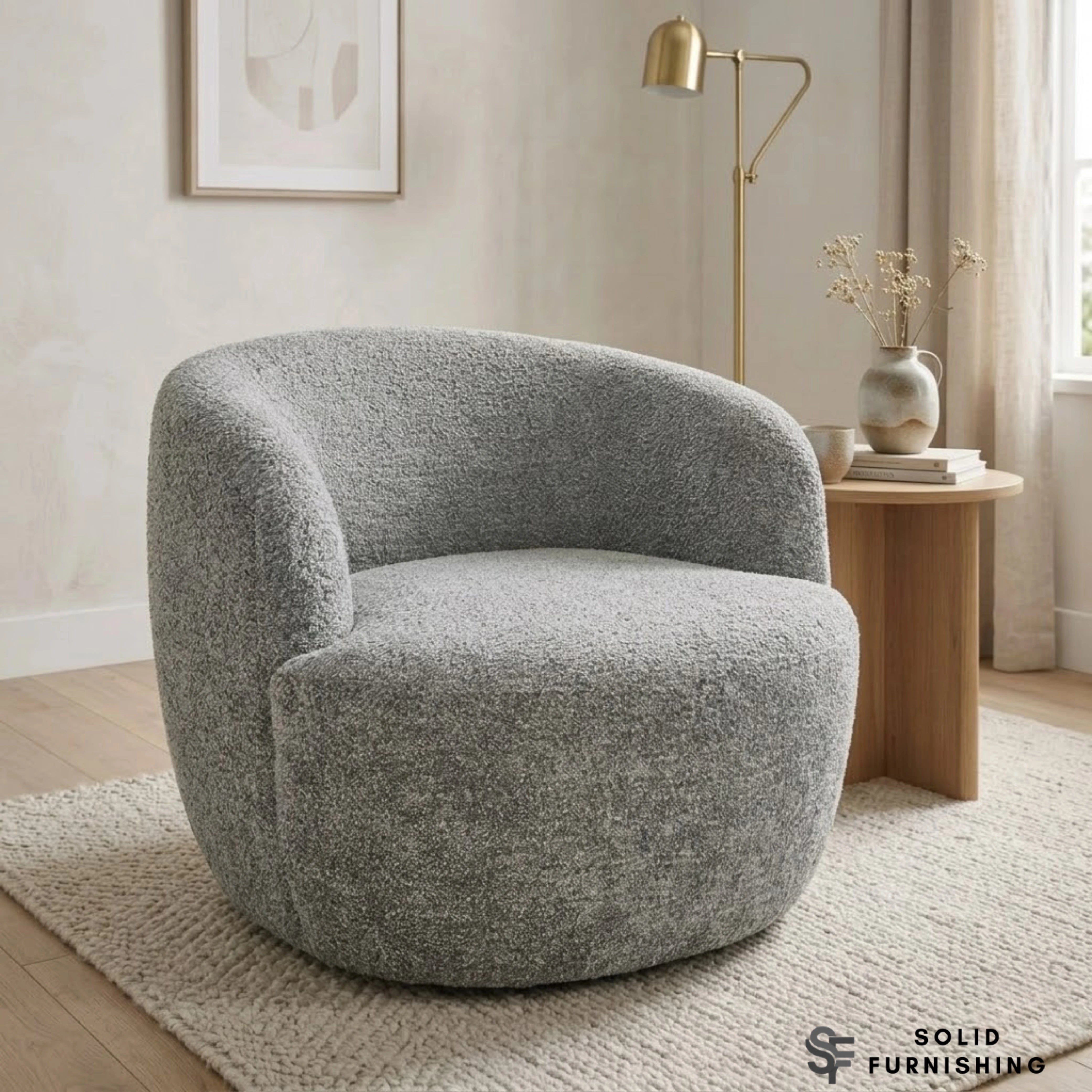 Siena Grey Bouclé Swivel Tub Chair – Modern Accent Lounge Chair