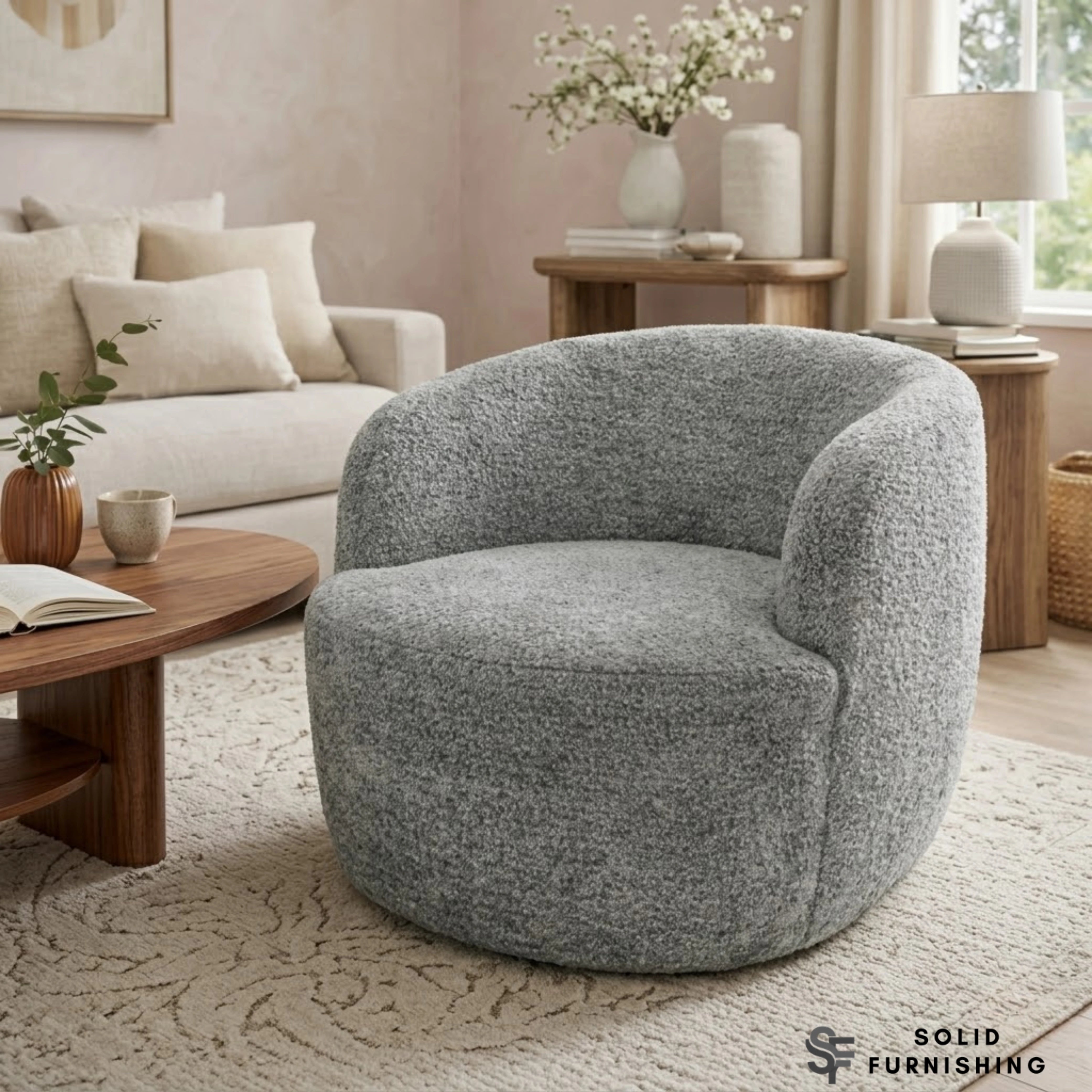 Siena Grey Bouclé Swivel Tub Chair – Modern Accent Lounge Chair
