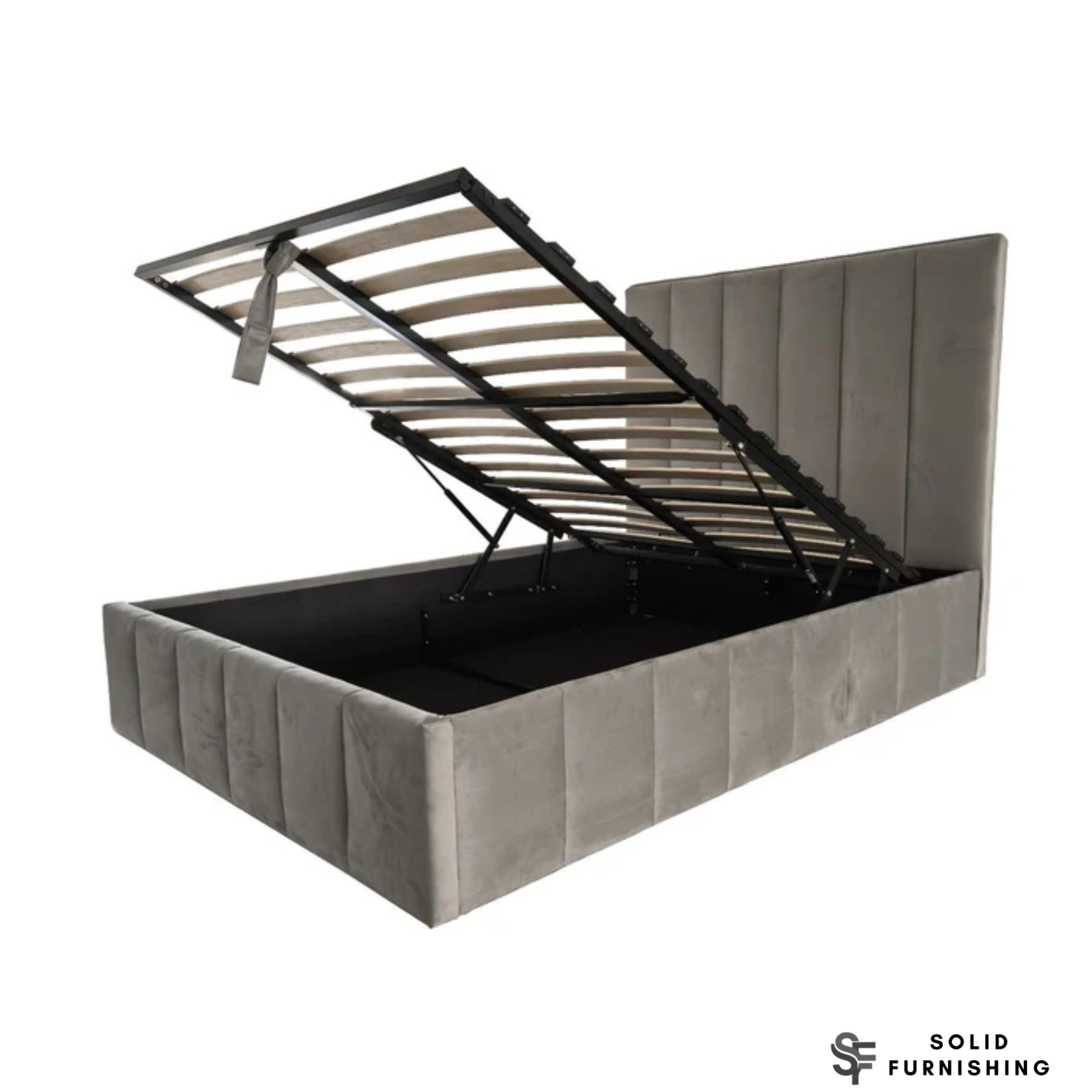 Siena Grey Velvet Ottoman Storage Bed – Gas Lift Double & King Size Bed Frame