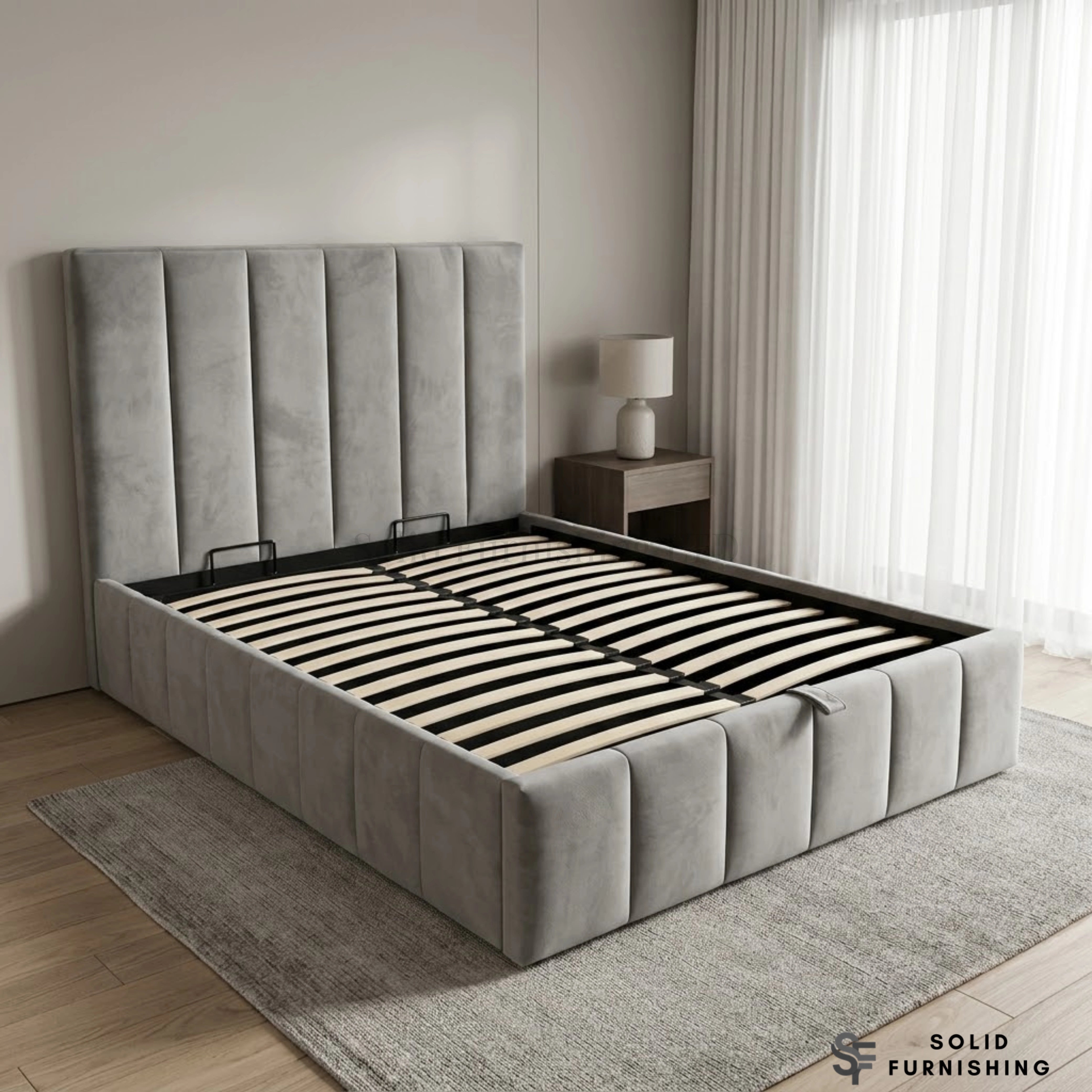 Siena Grey Velvet Ottoman Storage Bed – Gas Lift Double & King Size Bed Frame