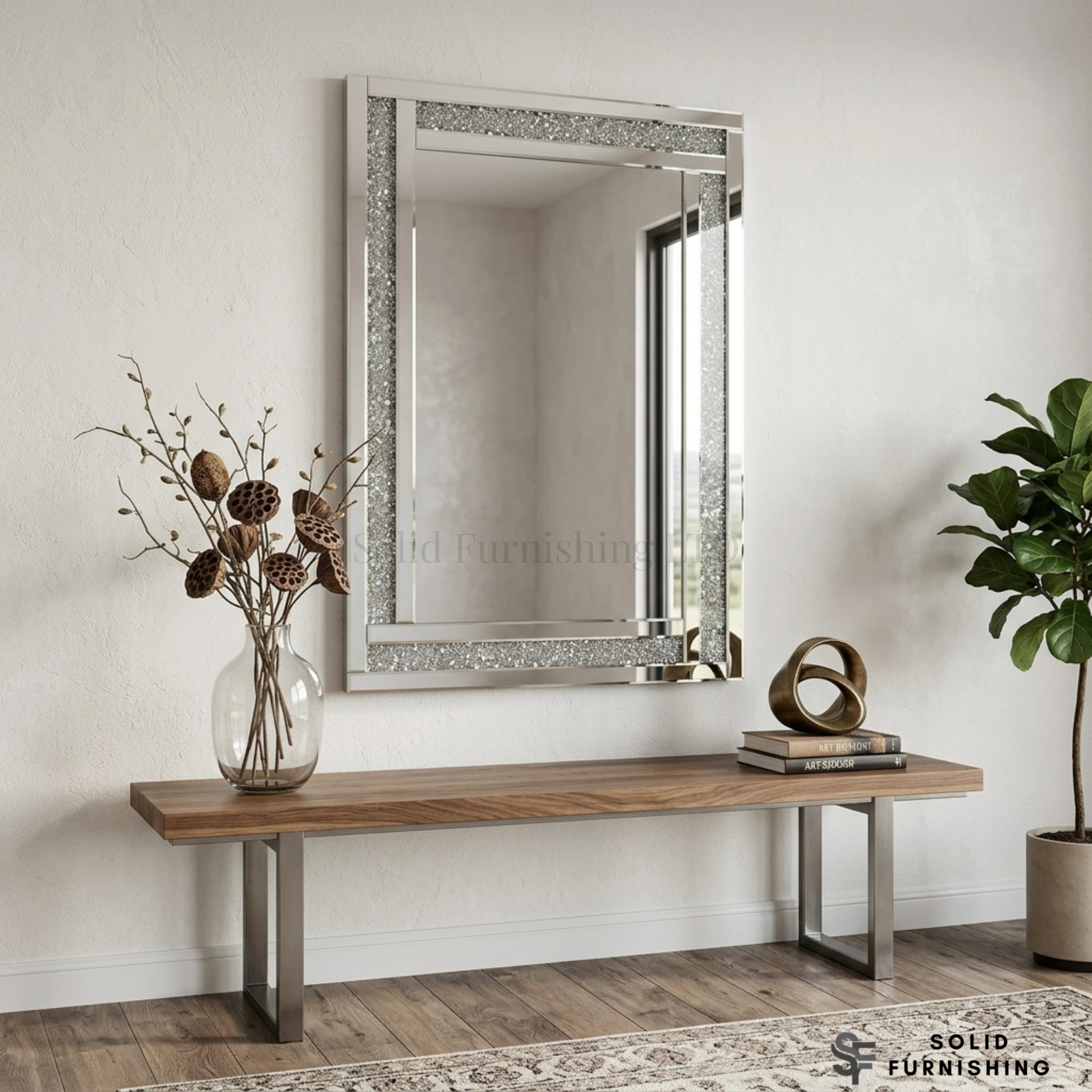 Silver Thin Crushed Diamond Wall Mirror – Rectangular Bathroom Mirror UK