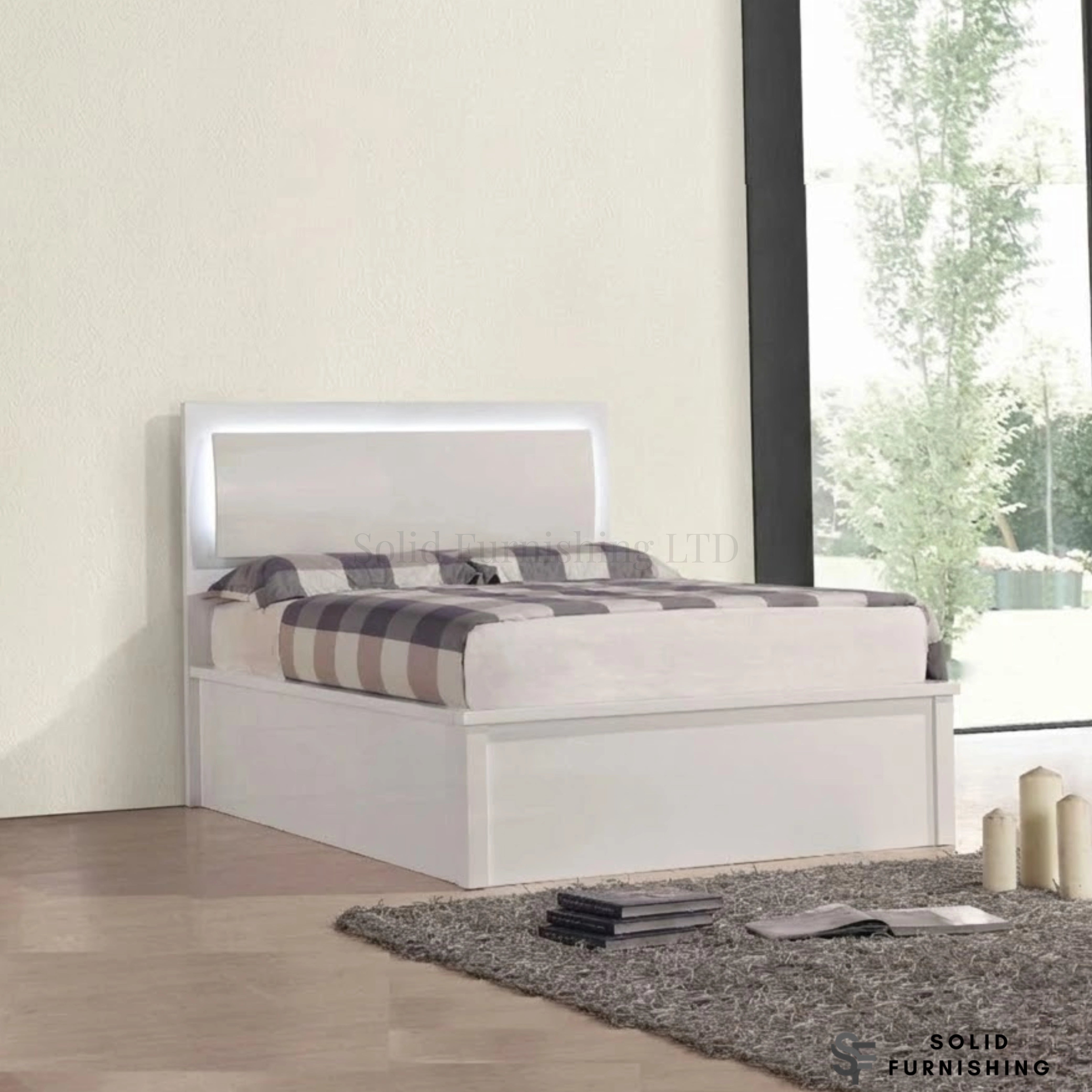 Slim LED High Gloss White Ottoman Storage Bed Frame – Double & King Size