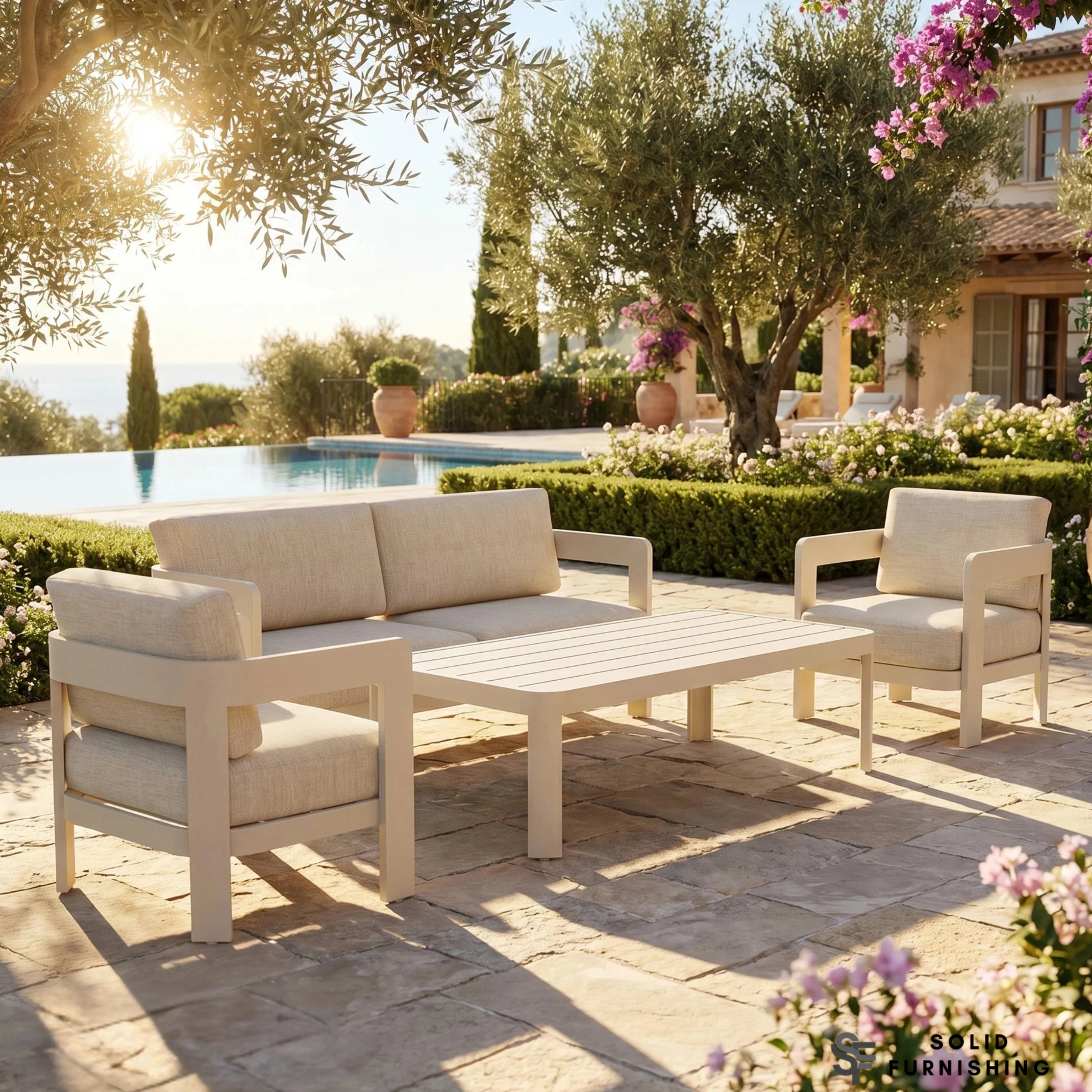 Sofia 5 Seater Aluminium Garden Lounge Set – Taupe Outdoor Sofa Set with Coffee Table
