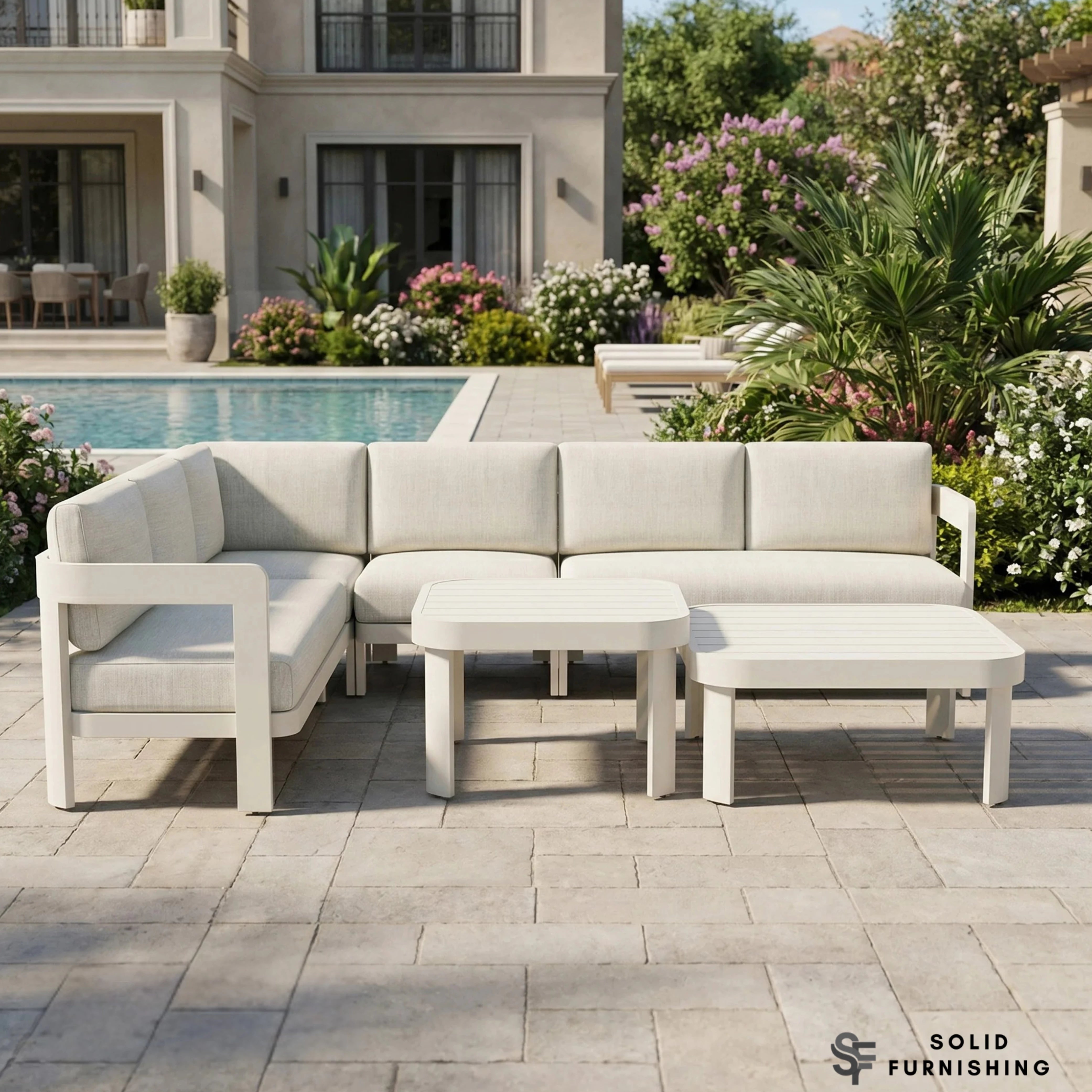 Sofia 6 Seater Aluminium Corner Garden Sofa Set – L Shaped Outdoor Lounge Set with Two Coffee Tables