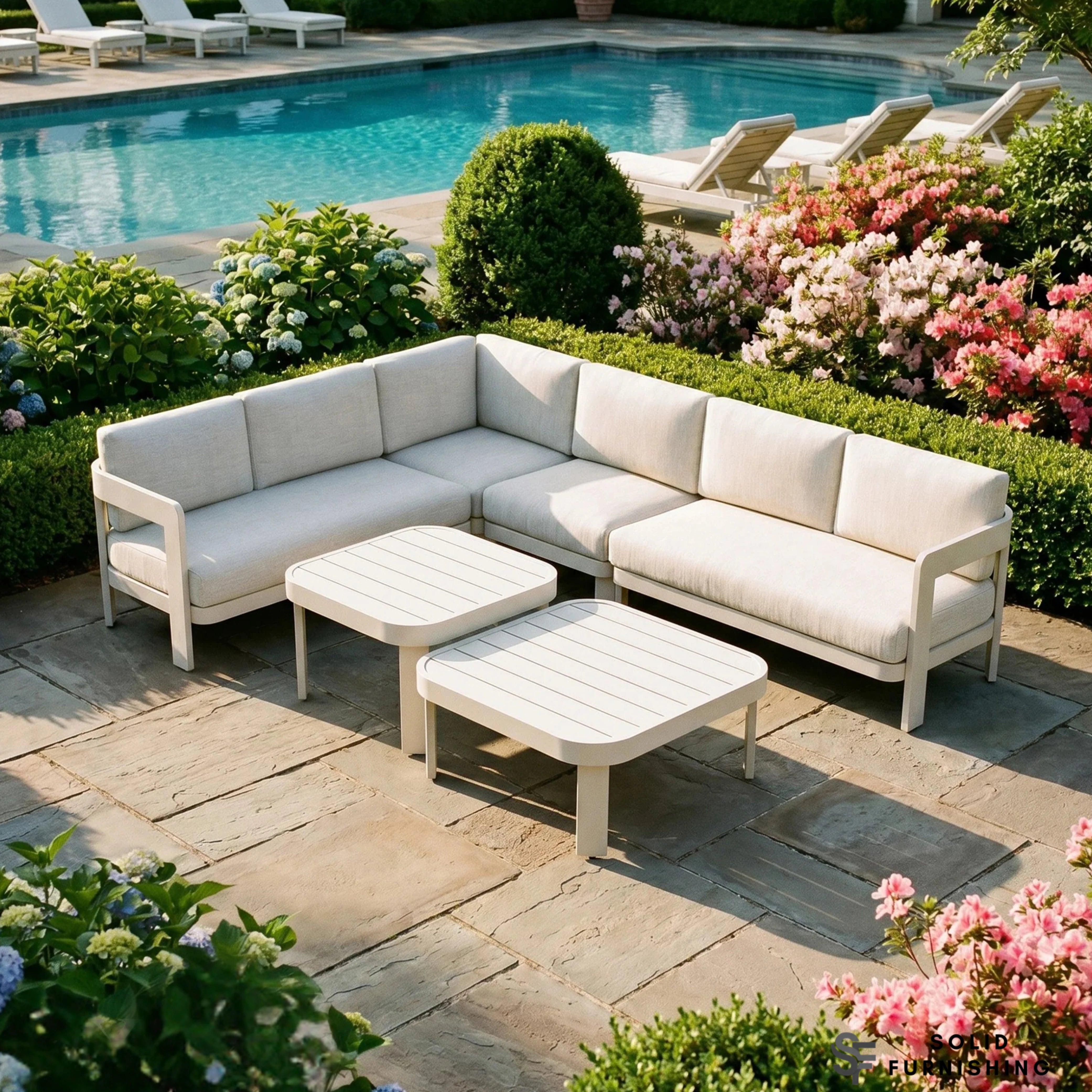Sofia 6 Seater Aluminium Corner Garden Sofa Set – L Shaped Outdoor Lounge Set with Two Coffee Tables