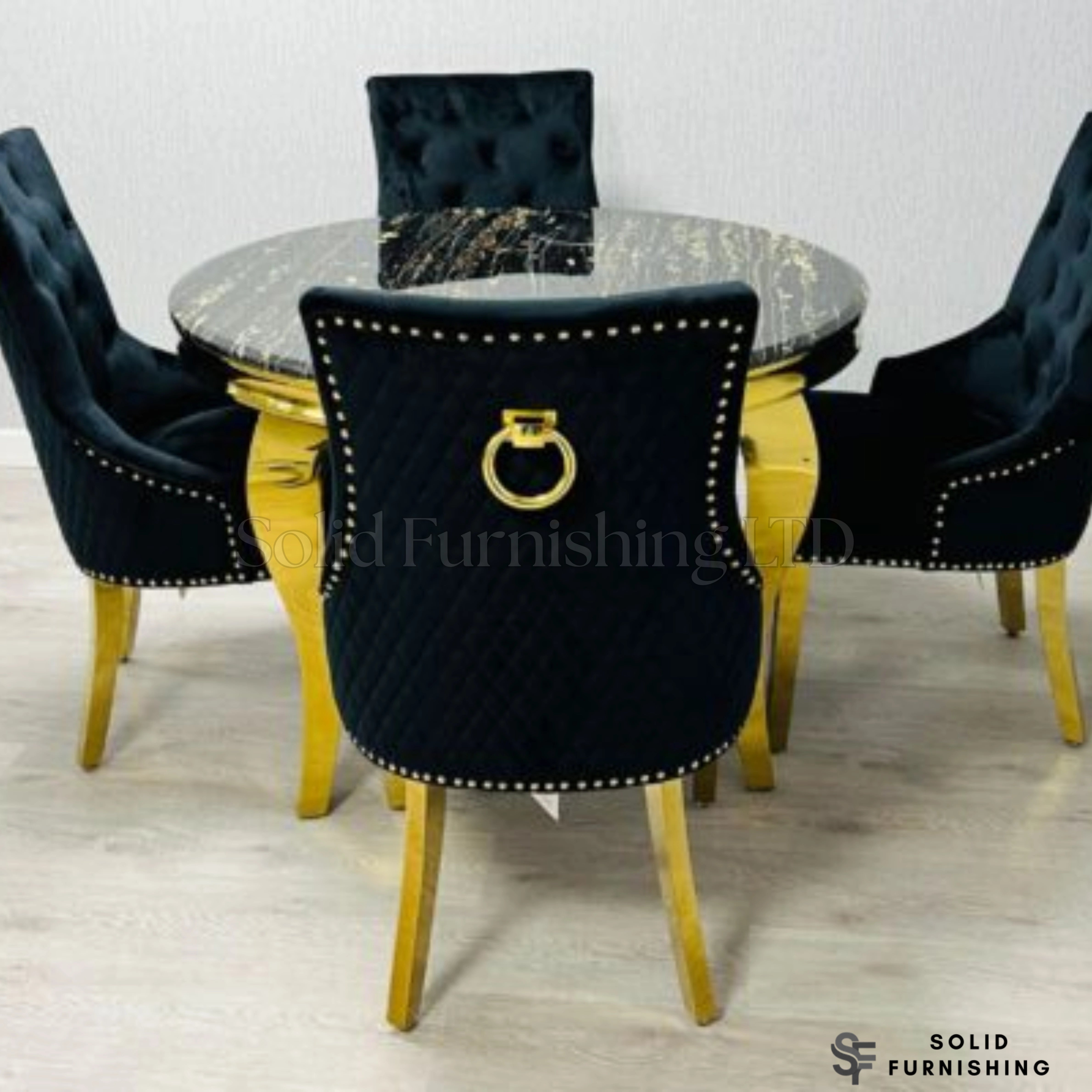 Sofia Black & Gold Marble Dining Table with Gold Cabriole Legs – Round & Rectangular Sizes