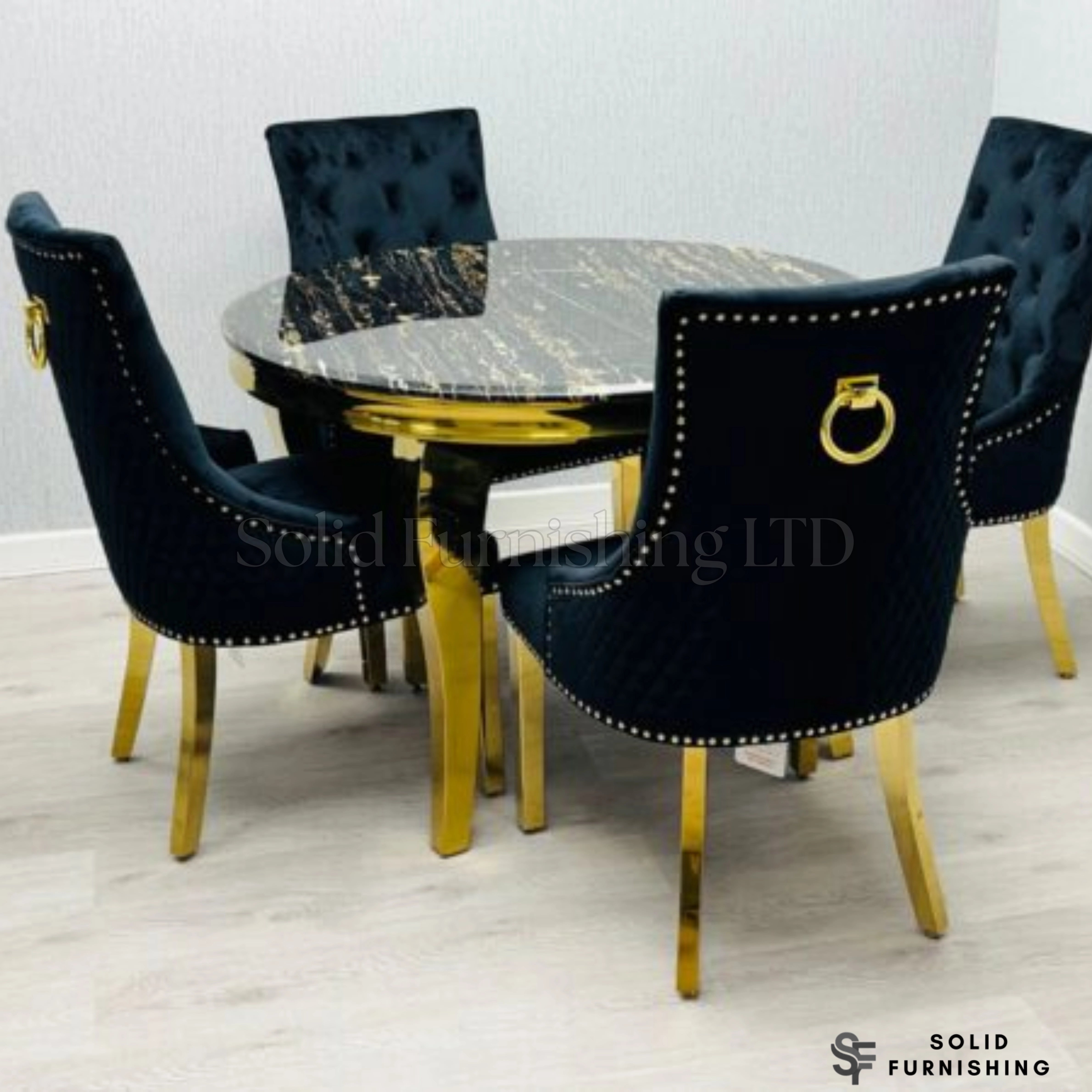 Sofia Black & Gold Marble Dining Table with Gold Cabriole Legs – Round & Rectangular Sizes
