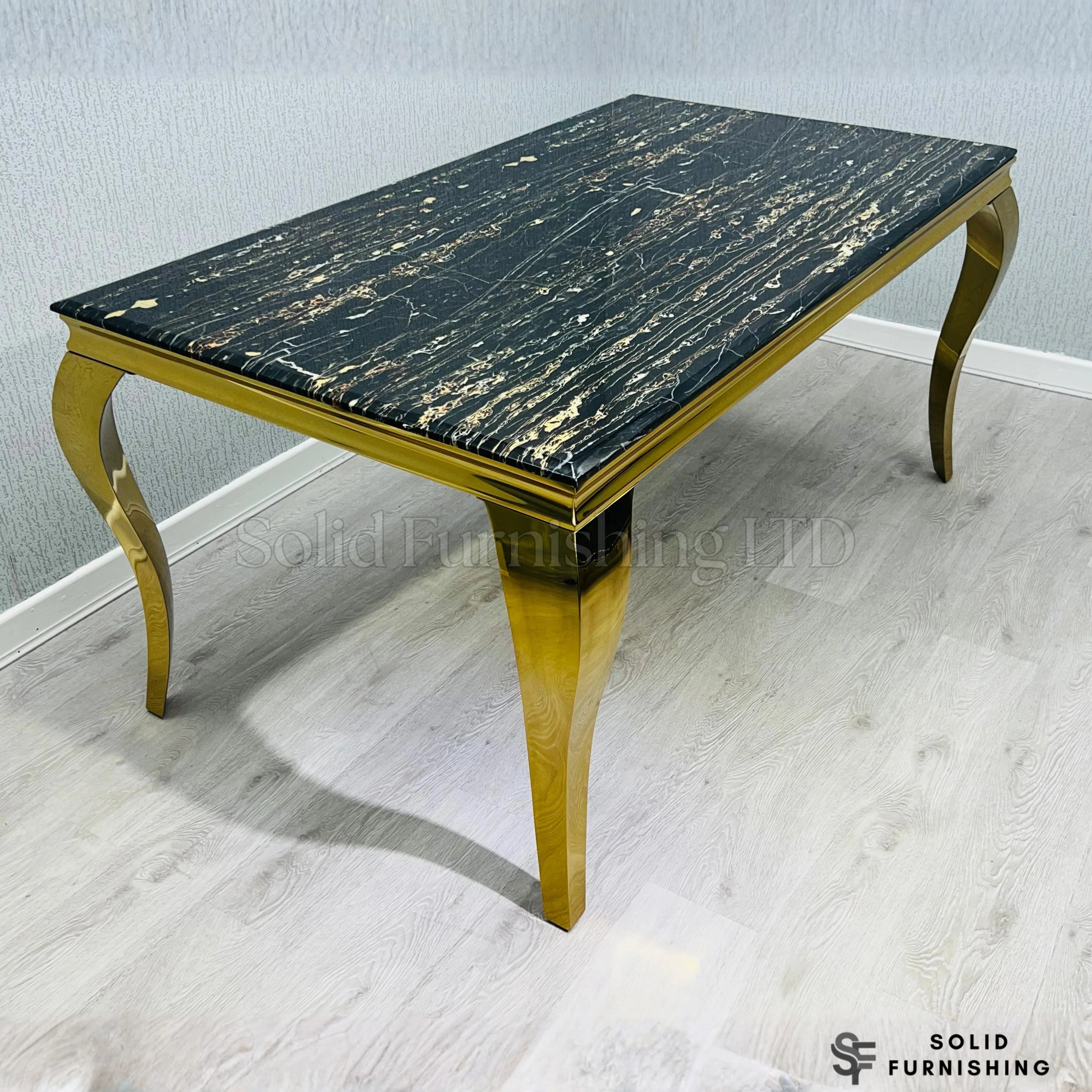 Sofia Black & Gold Marble Dining Table with Gold Cabriole Legs – Round & Rectangular Sizes