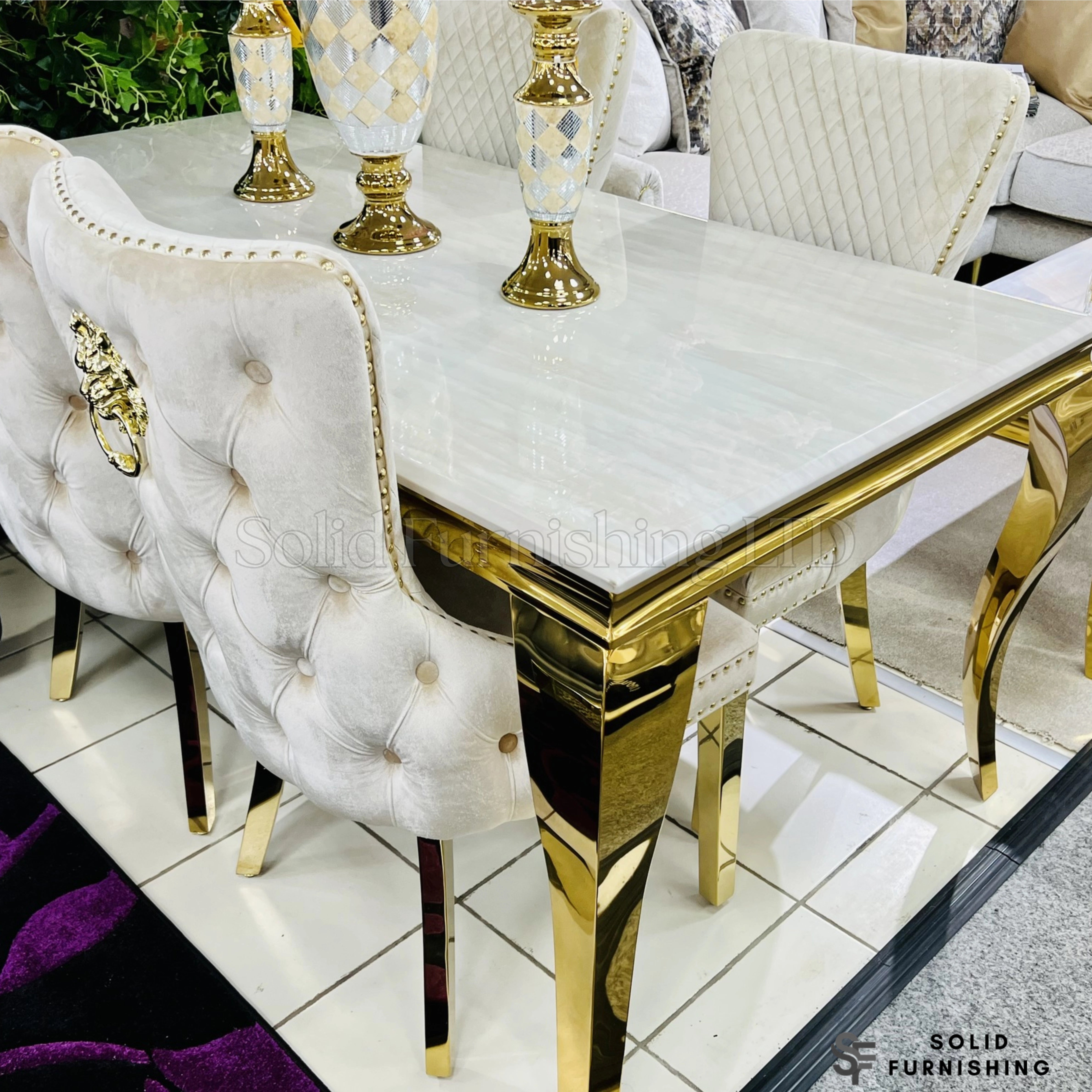 Sofia Cream & Gold Marble Dining Table with Gold Cabriole Legs – Round & Rectangular Sizes
