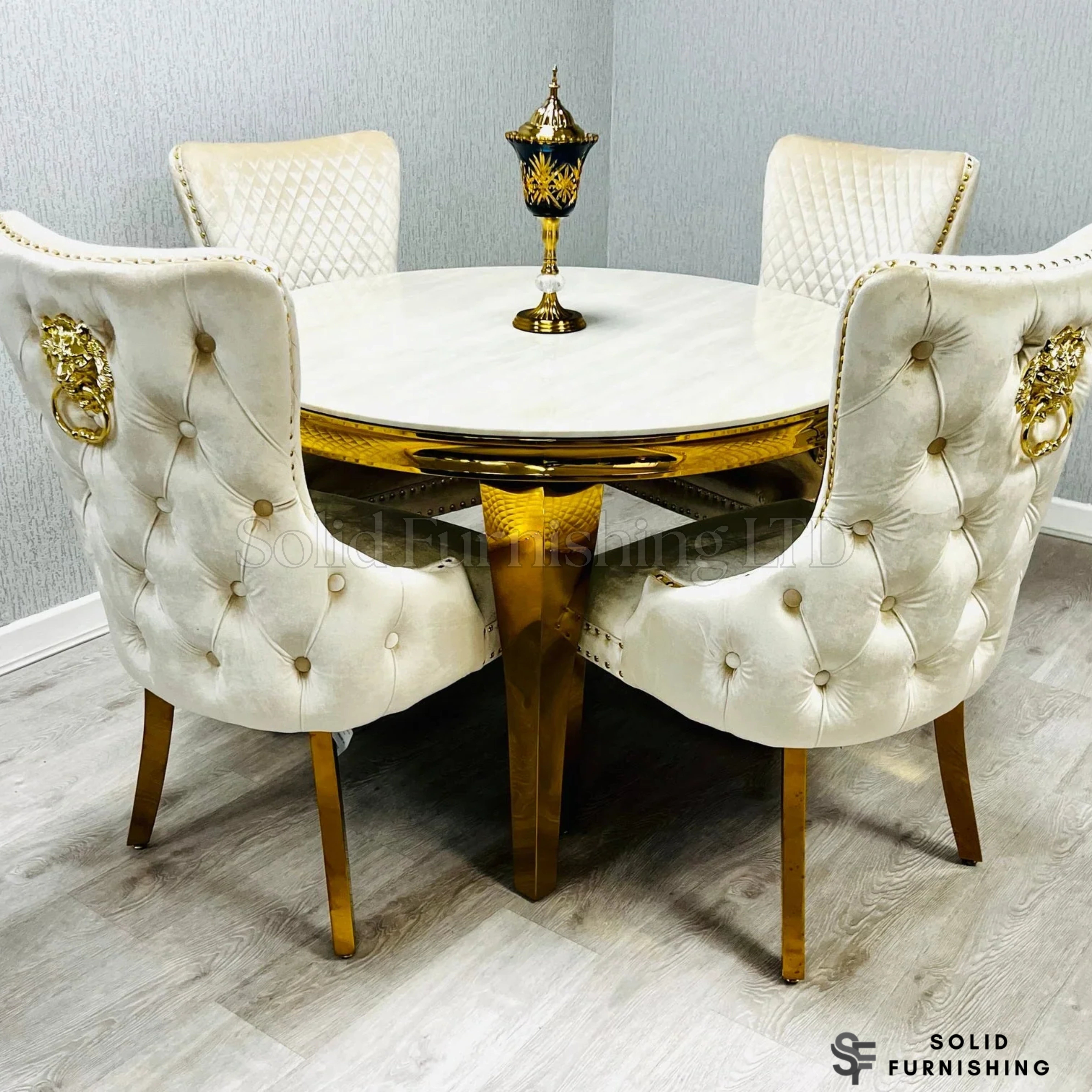 Sofia Cream & Gold Marble Dining Table with Gold Cabriole Legs – Round & Rectangular Sizes