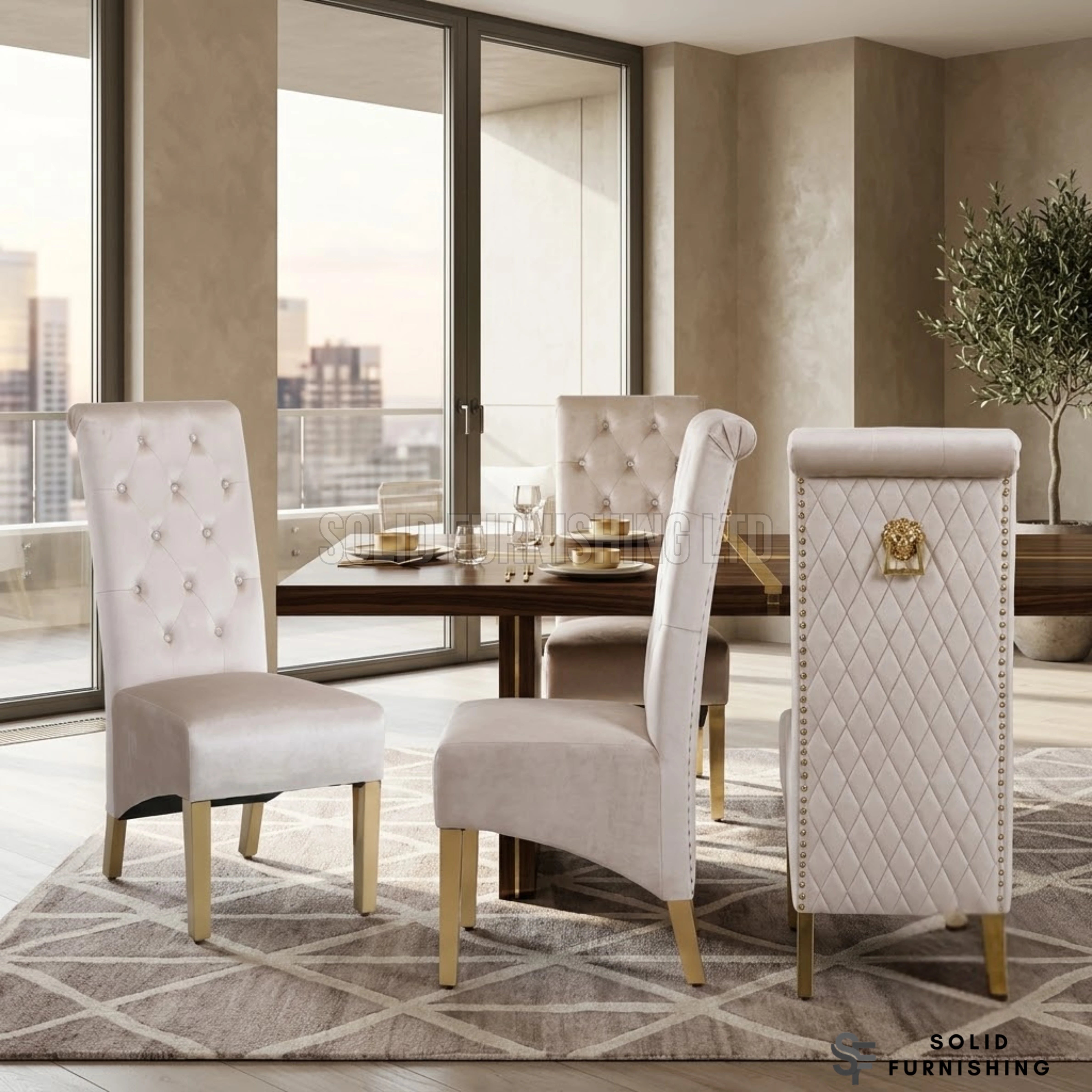 Sofia Gold Square Knocker Velvet Dining Chairs – Cream or Black (Set of 2)