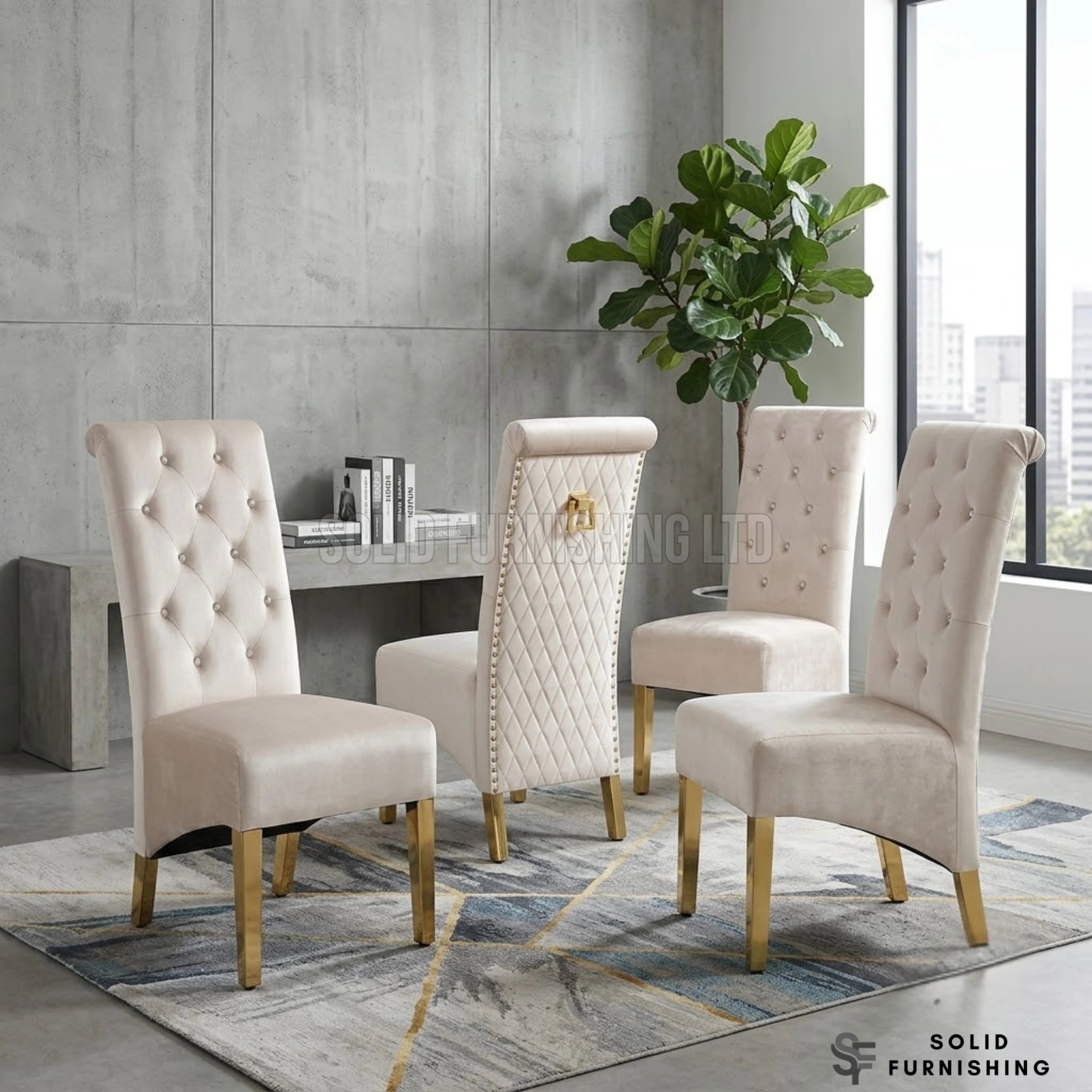 Sofia Gold Square Knocker Velvet Dining Chairs – Cream or Black (Set of 2)