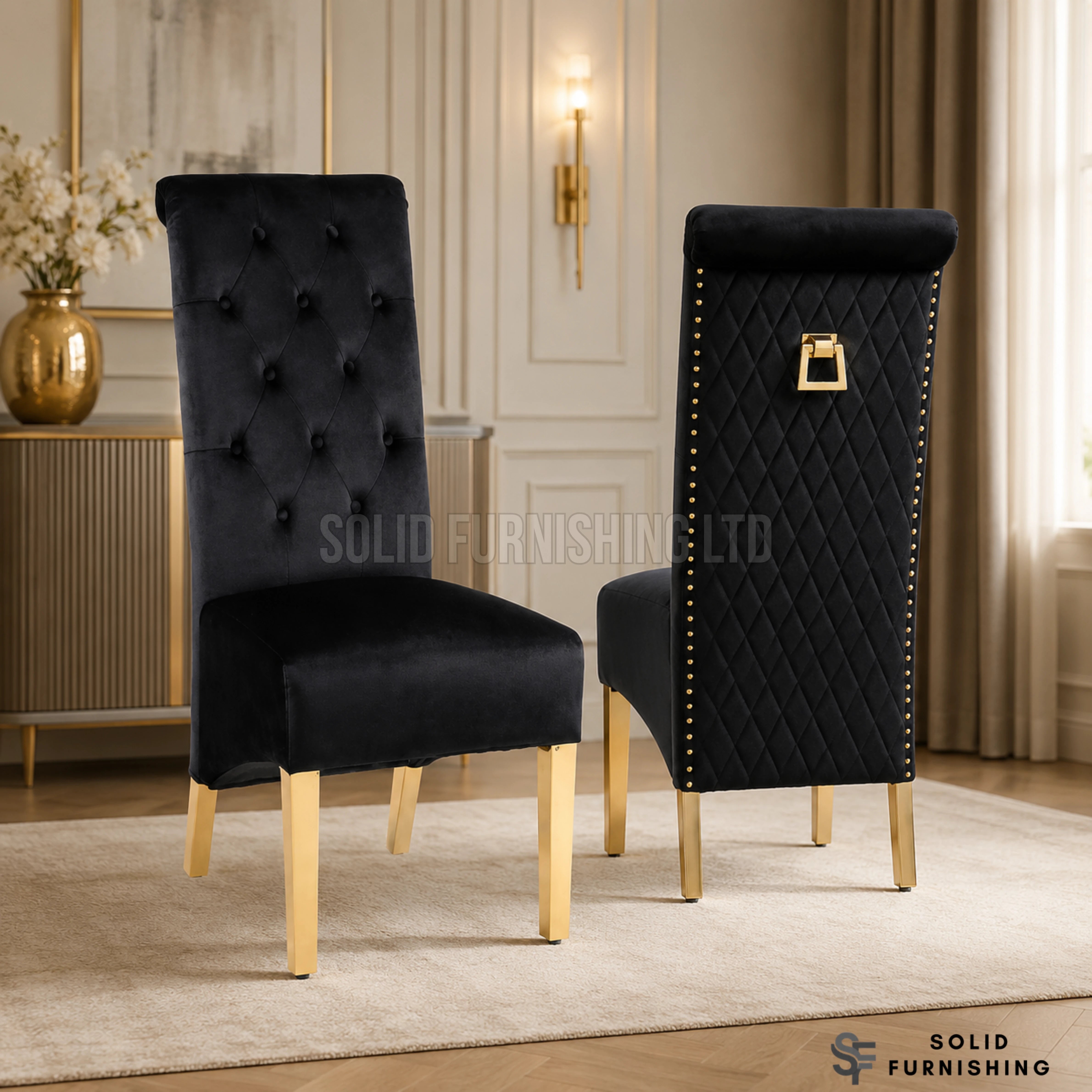Sofia Gold Square Knocker Velvet Dining Chairs – Cream or Black (Set of 2)