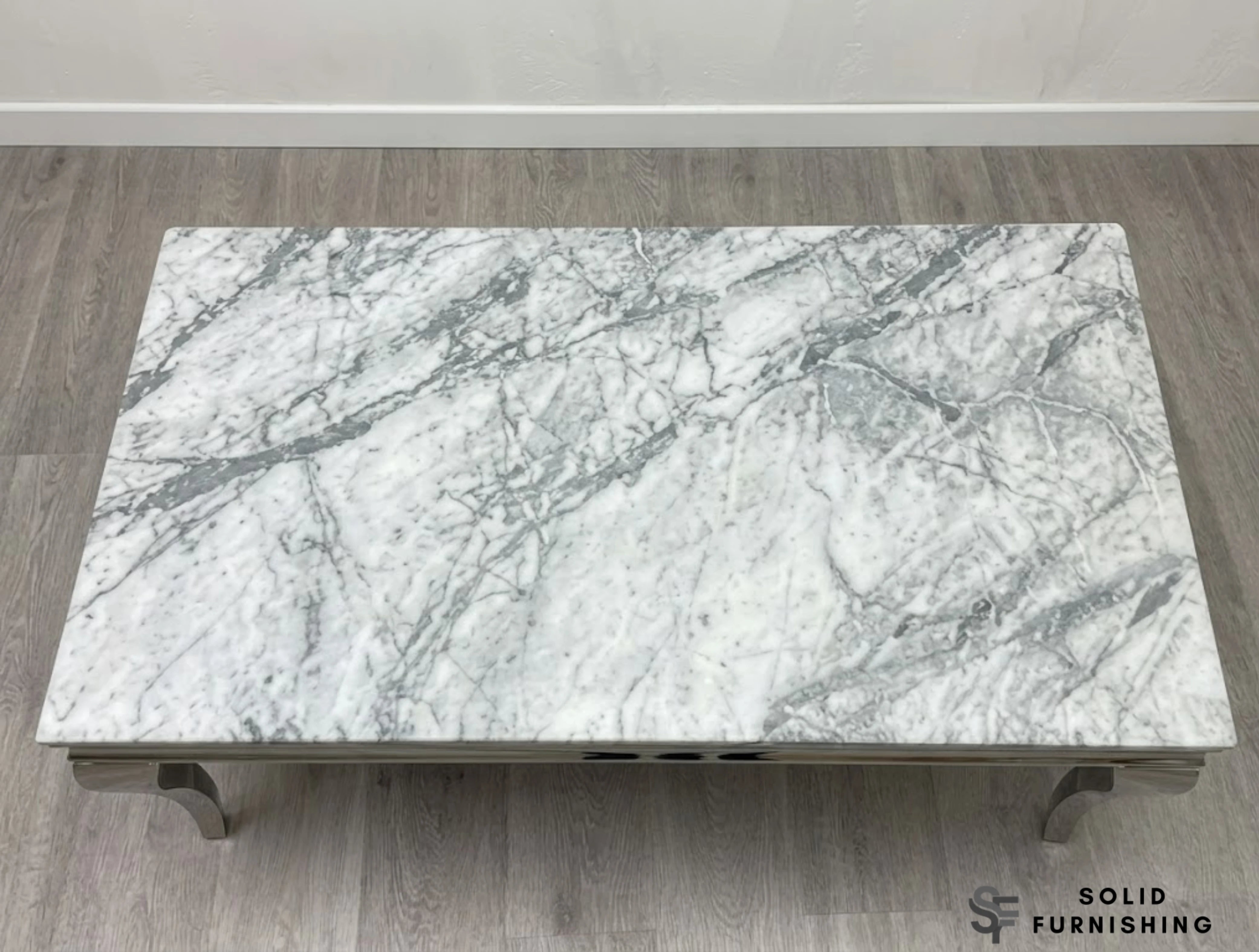 Sofia Grey Marble Coffee Table – Luxury Silver Chrome Centre Table