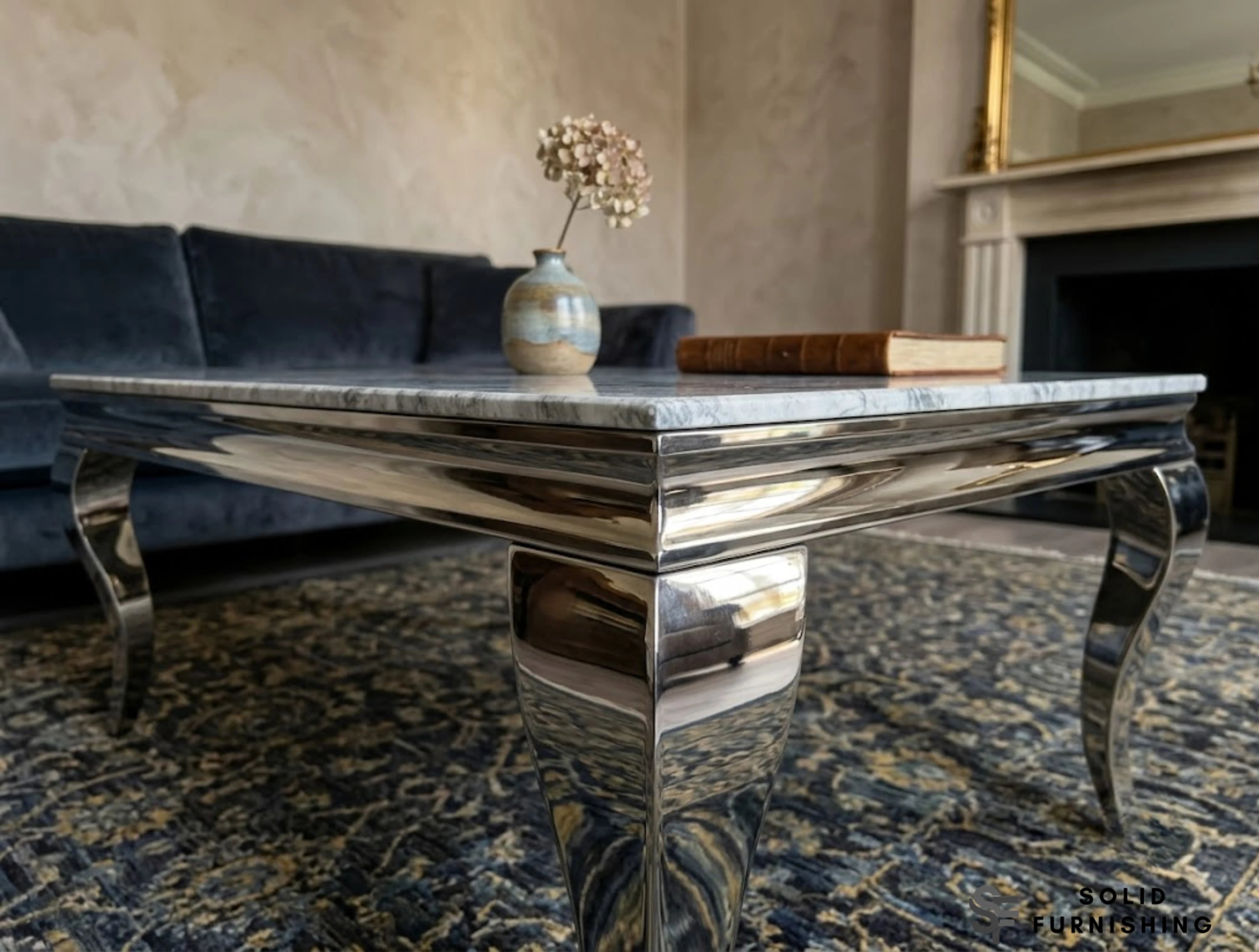 Sofia Grey Marble Coffee Table – Luxury Silver Chrome Centre Table