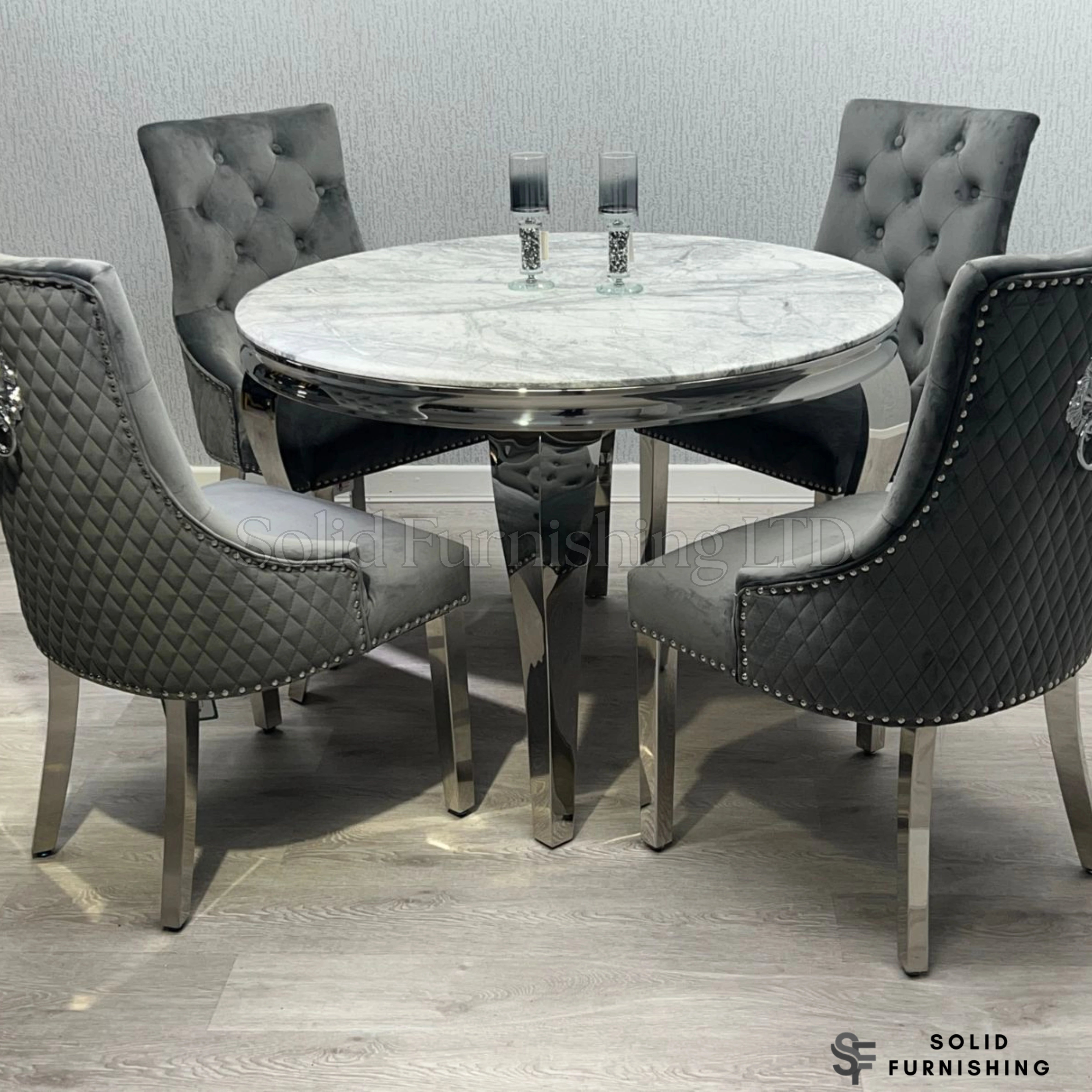 Sofia Grey Marble Dining Table with Silver Cabriole Legs – Round & Rectangular Sizes