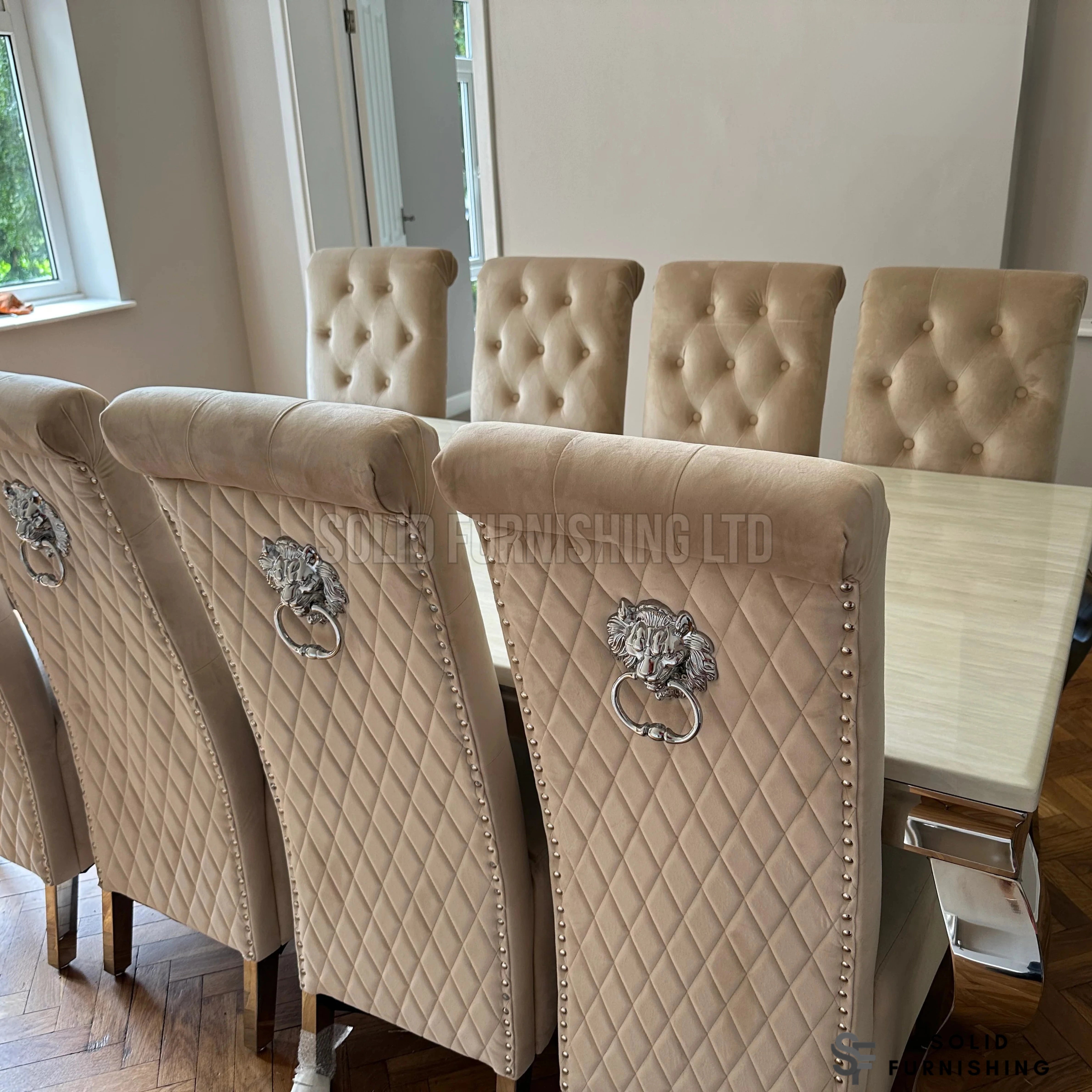 Sofia Lion Knocker Velvet Dining Chairs – Chrome Legs (Set of 2)