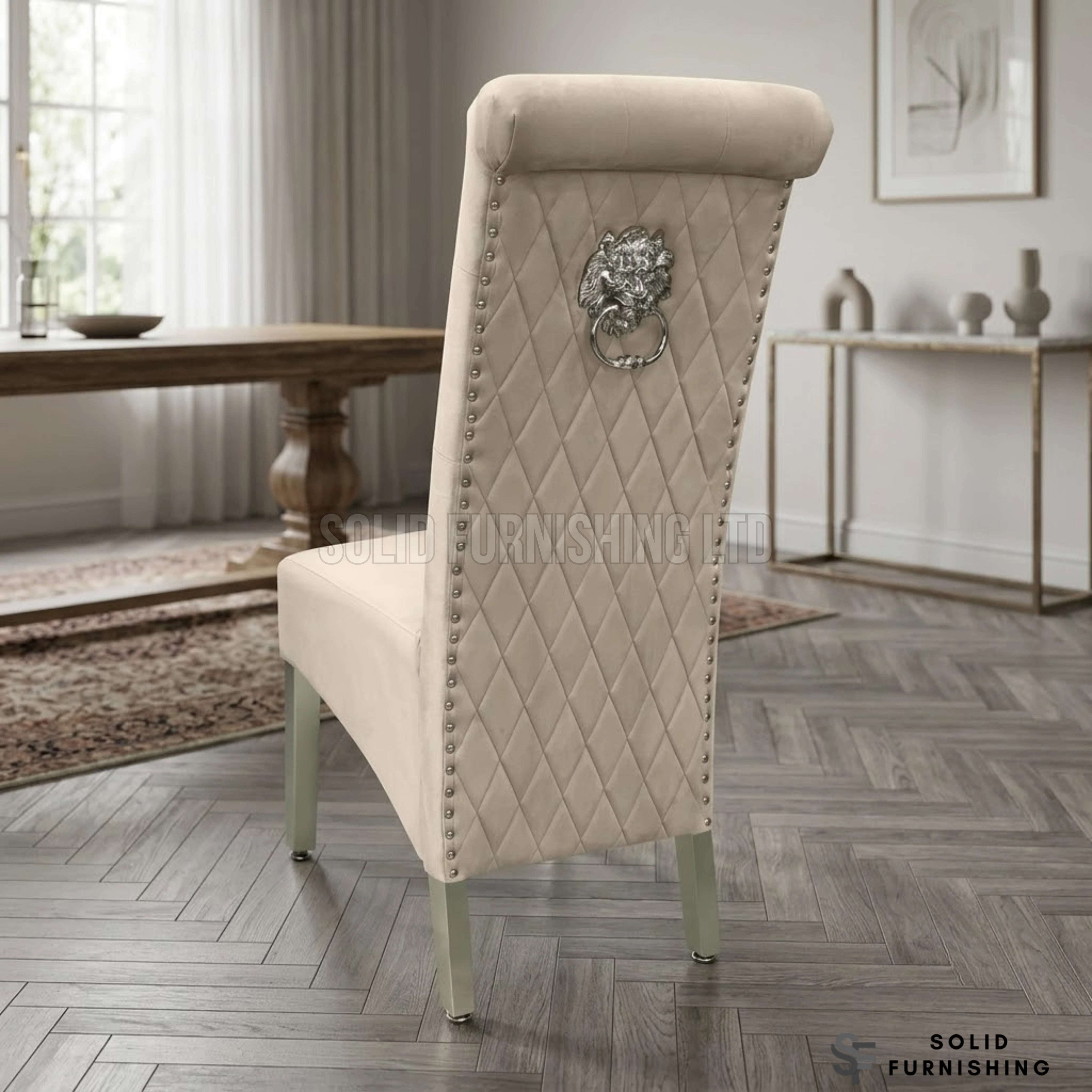 Sofia Lion Knocker Velvet Dining Chairs – Chrome Legs (Set of 2)