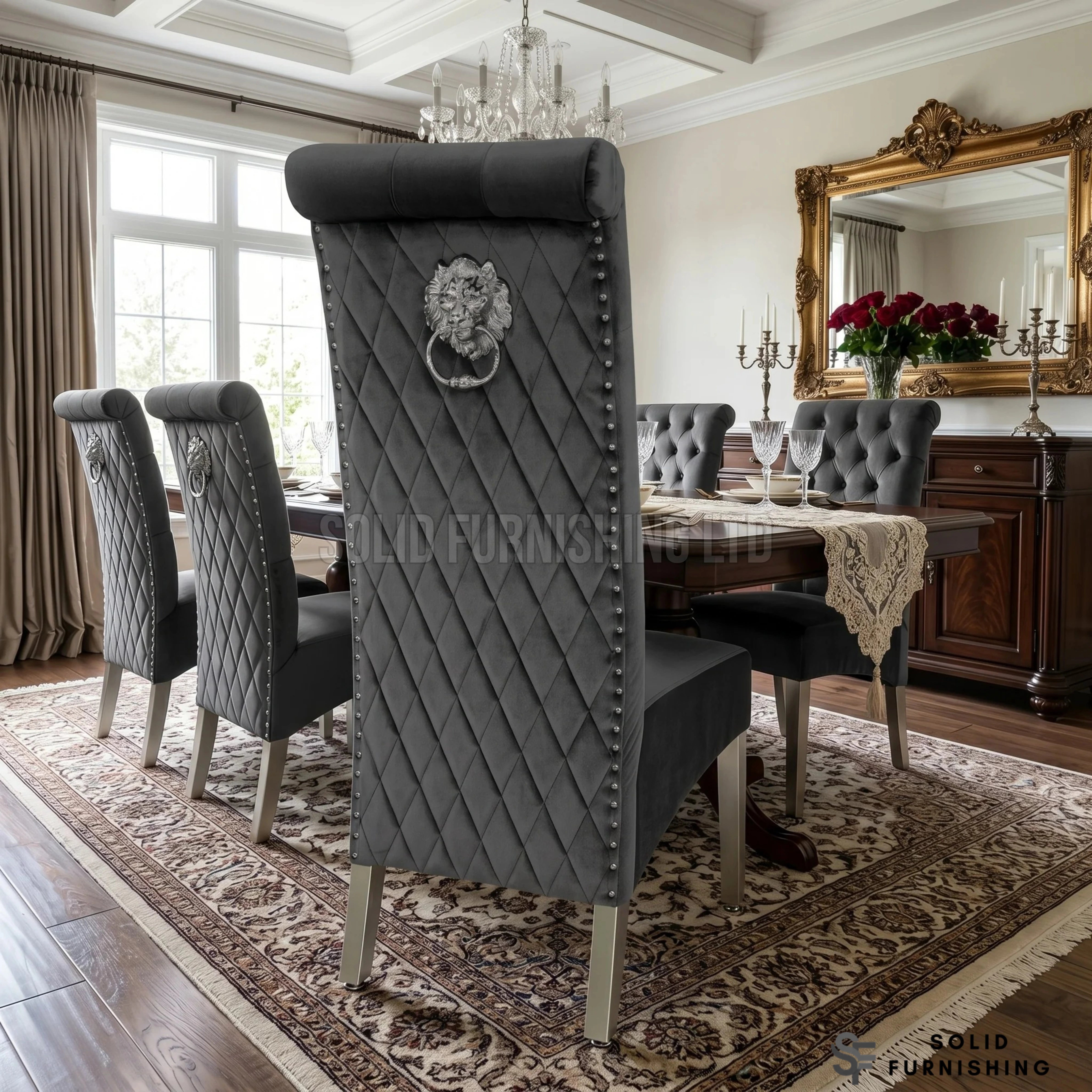 Sofia Lion Knocker Velvet Dining Chairs – Chrome Legs (Set of 2)
